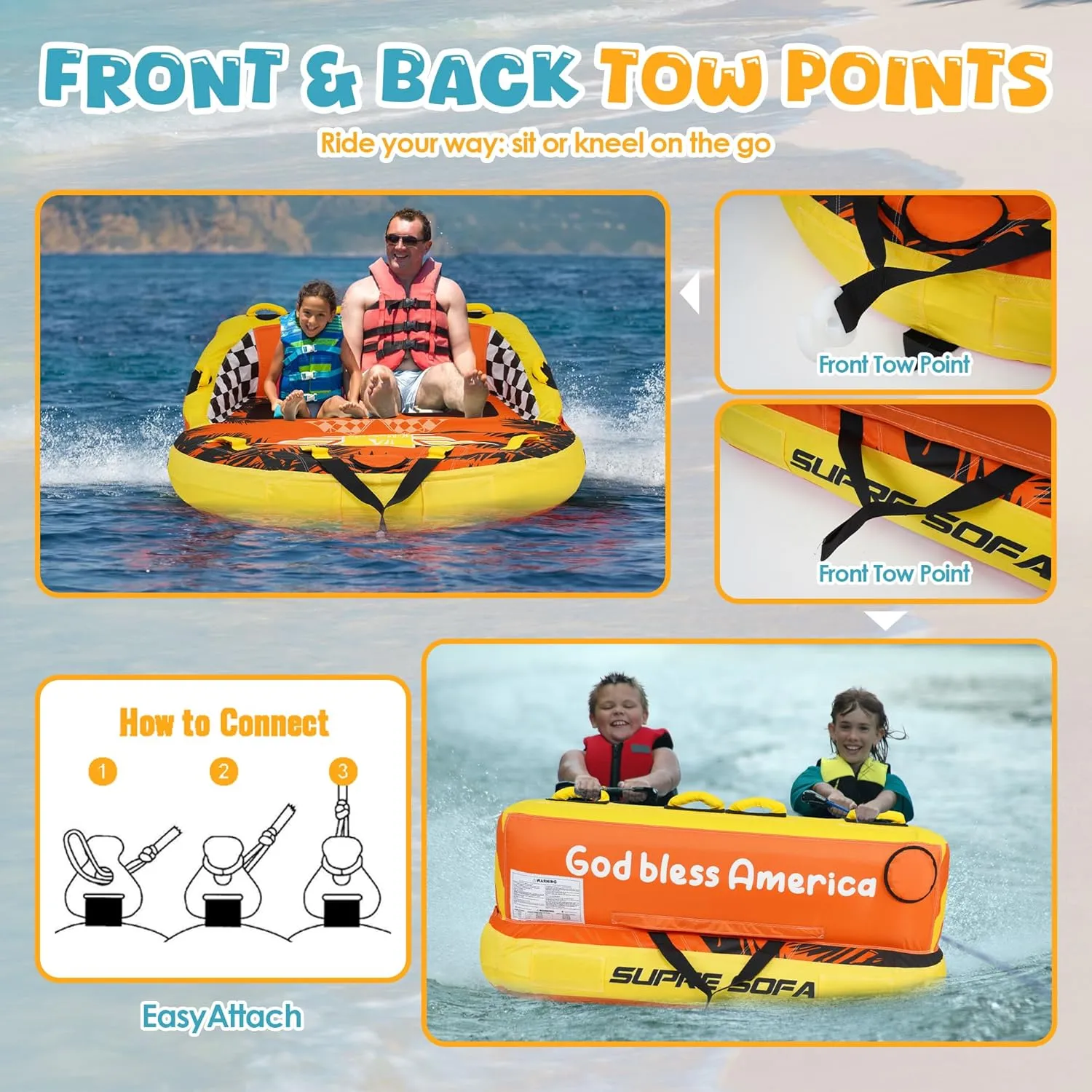 K-Musculo Towable Tubes for Boating, 840D Heavy Duty Tubes for Boating, EVA Grab Handles & Speed Safety Valve