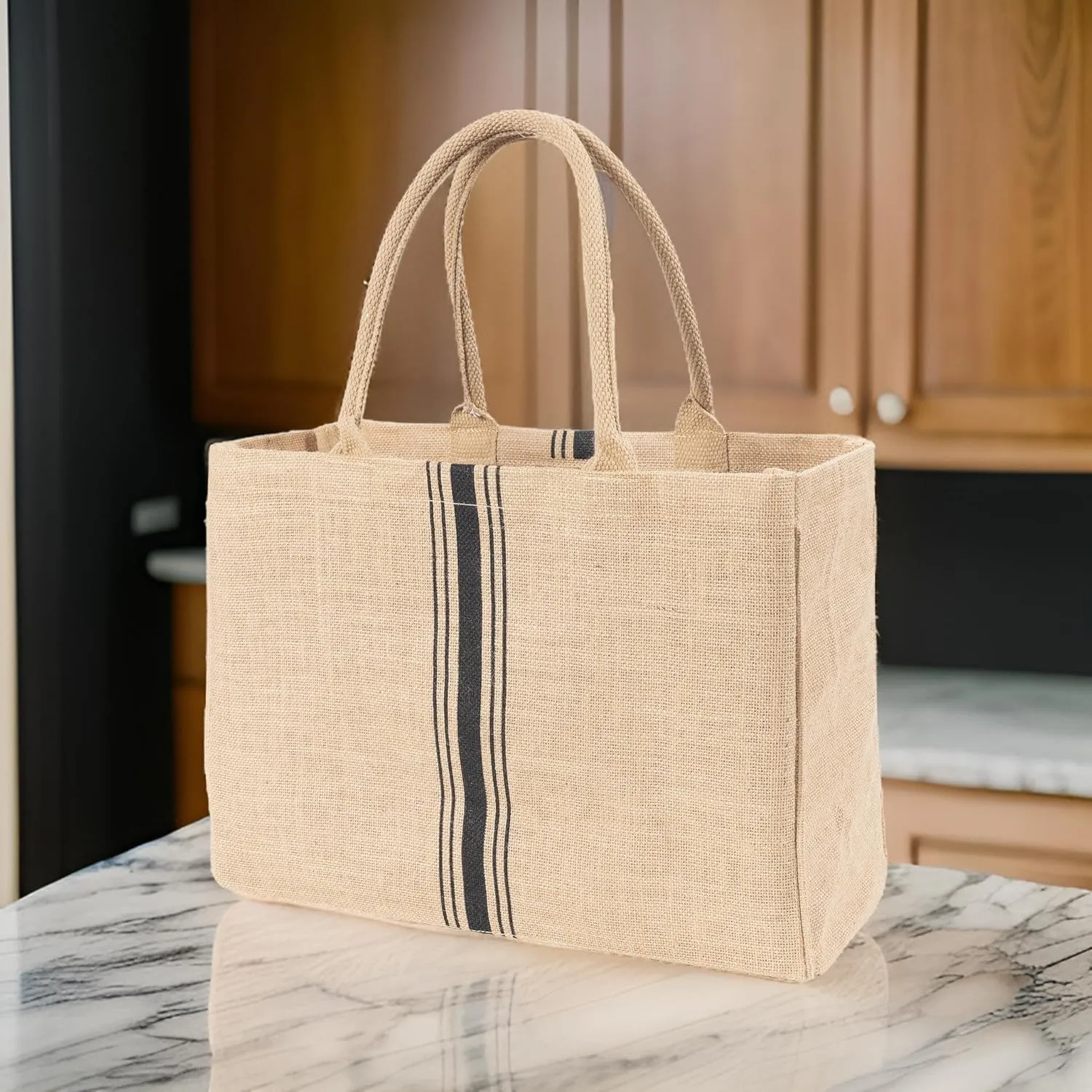 KAF Home Jute Market Tote Bag with Handles, Triple Stripe