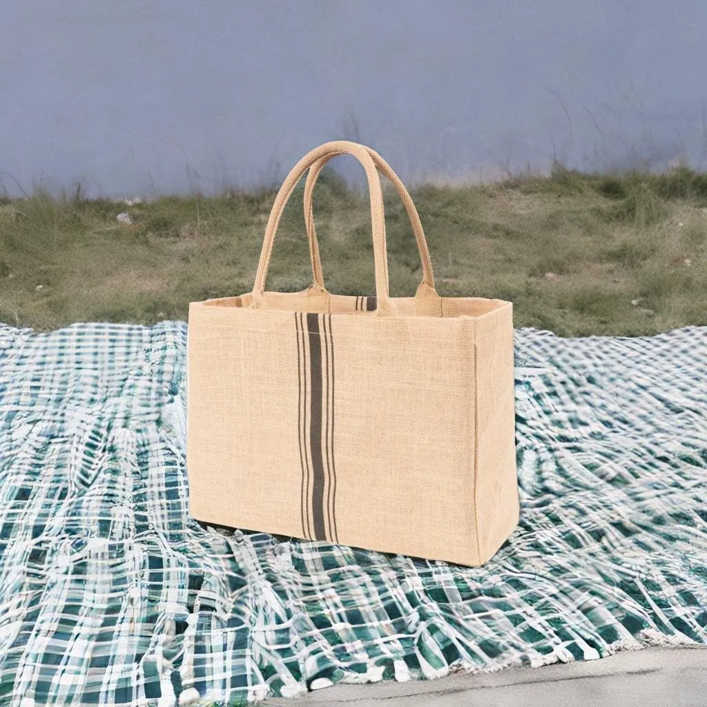 KAF Home Jute Market Tote Bag with Handles, Triple Stripe