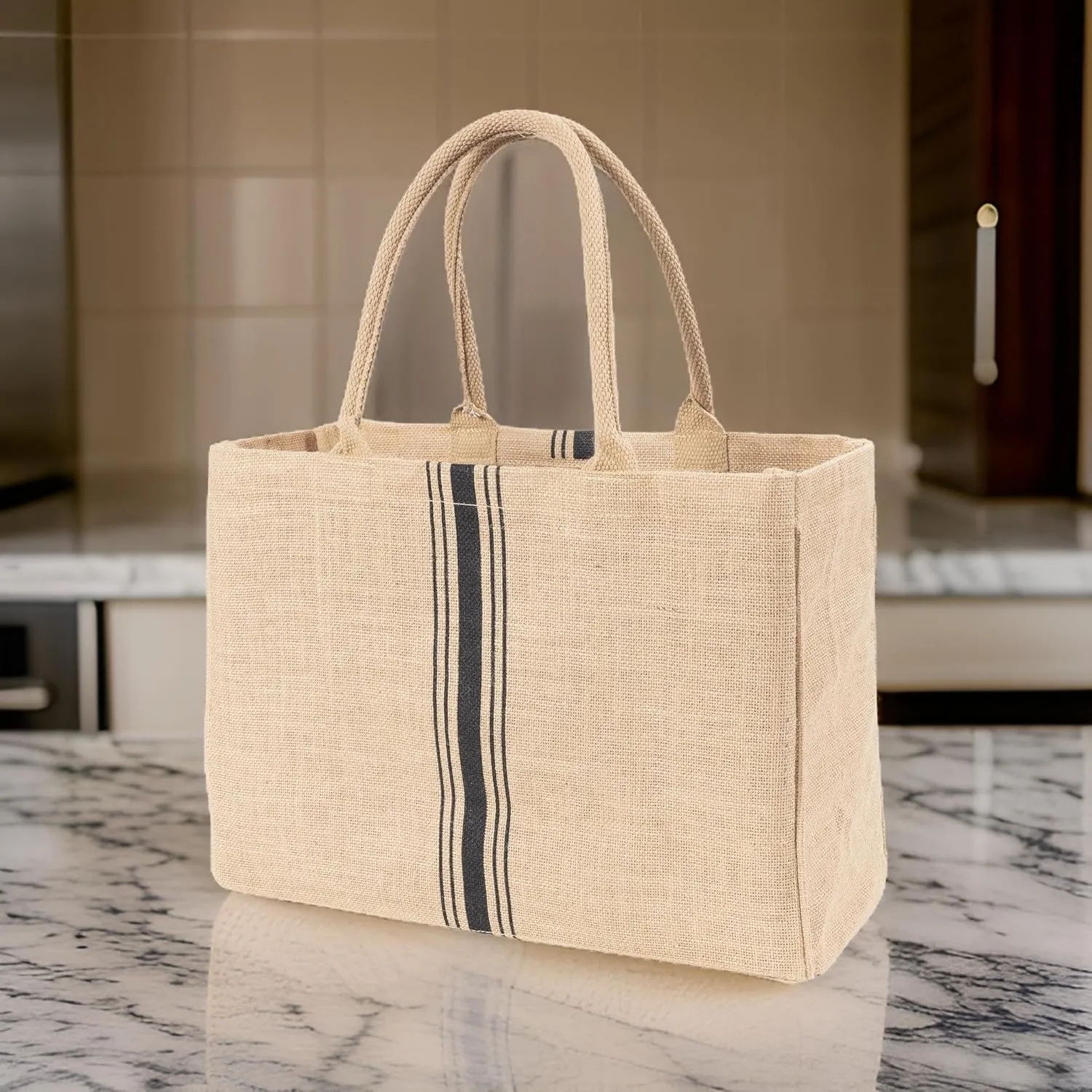 KAF Home Jute Market Tote Bag with Handles, Triple Stripe