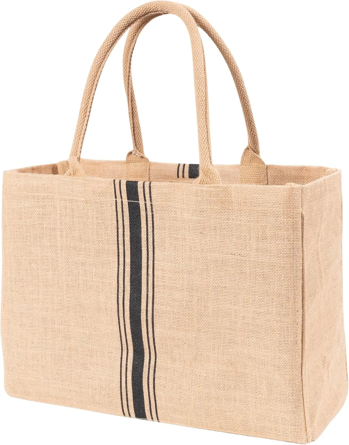 KAF Home Jute Market Tote Bag with Handles, Triple Stripe