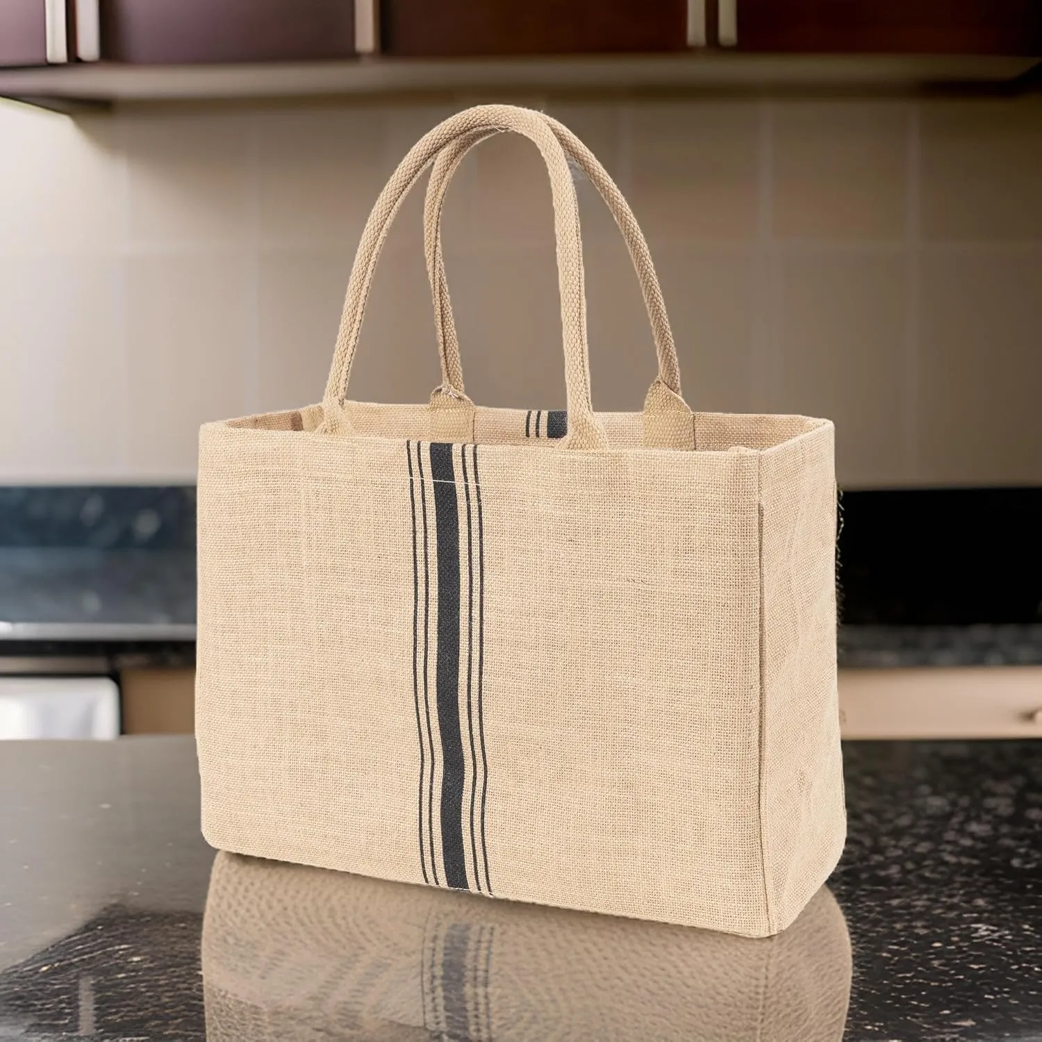 KAF Home Jute Market Tote Bag with Handles, Triple Stripe