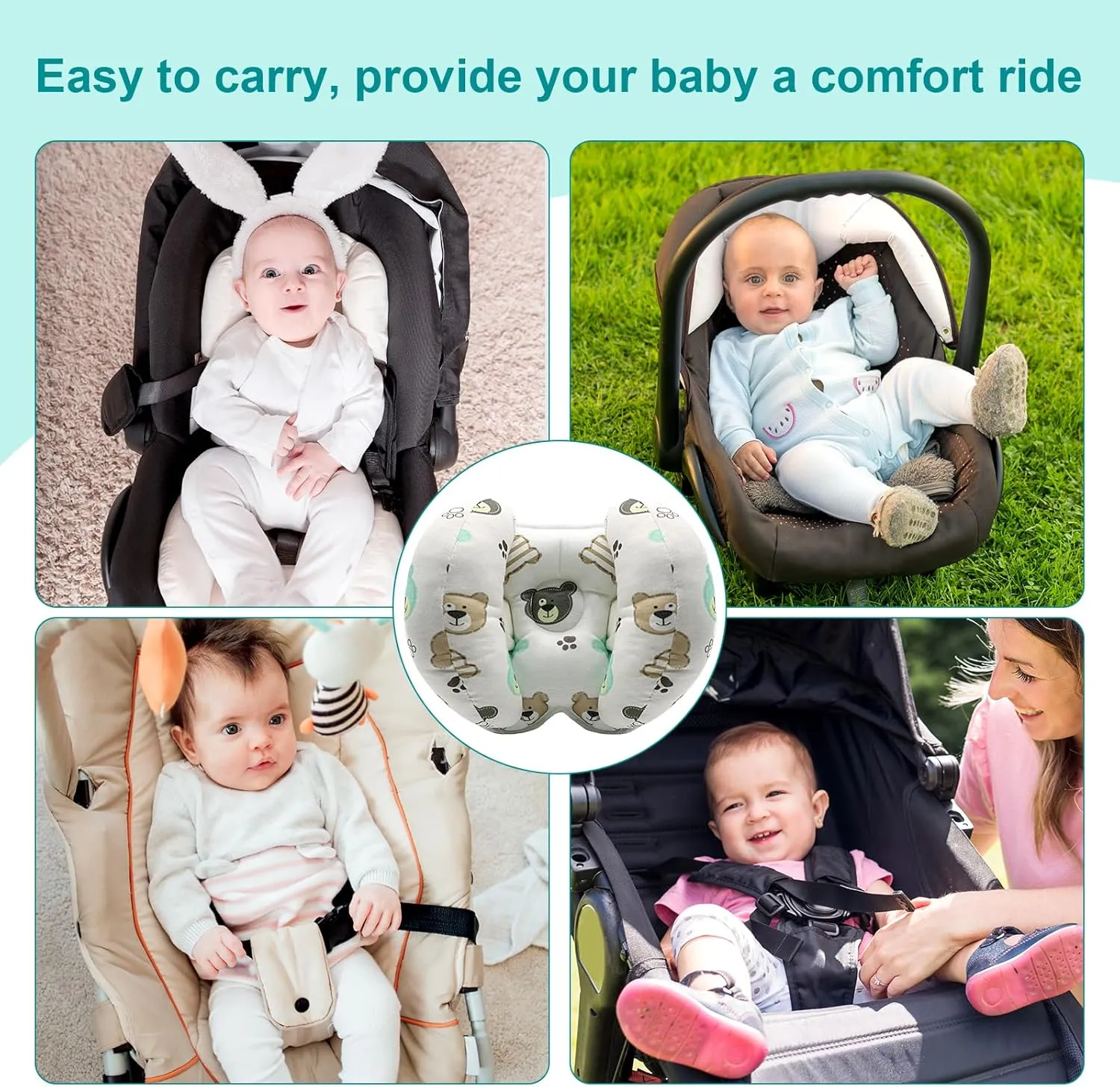 KAKIBLIN Baby Head Neck Support Pillow, 2 in 1 Banana Neck Pillow for Babies, Travel Pillow for Stroller Neck Support for Newborn, Adjustable Baby Pillow for Head (Bear)