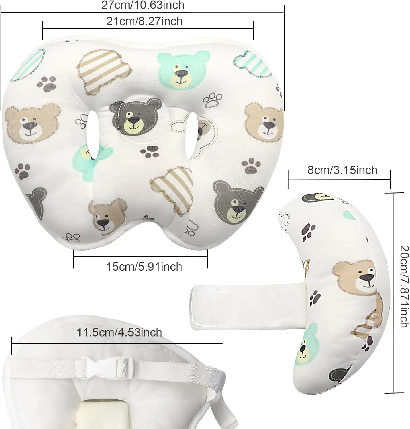 KAKIBLIN Baby Head Neck Support Pillow, 2 in 1 Banana Neck Pillow for Babies, Travel Pillow for Stroller Neck Support for Newborn, Adjustable Baby Pillow for Head (Bear)