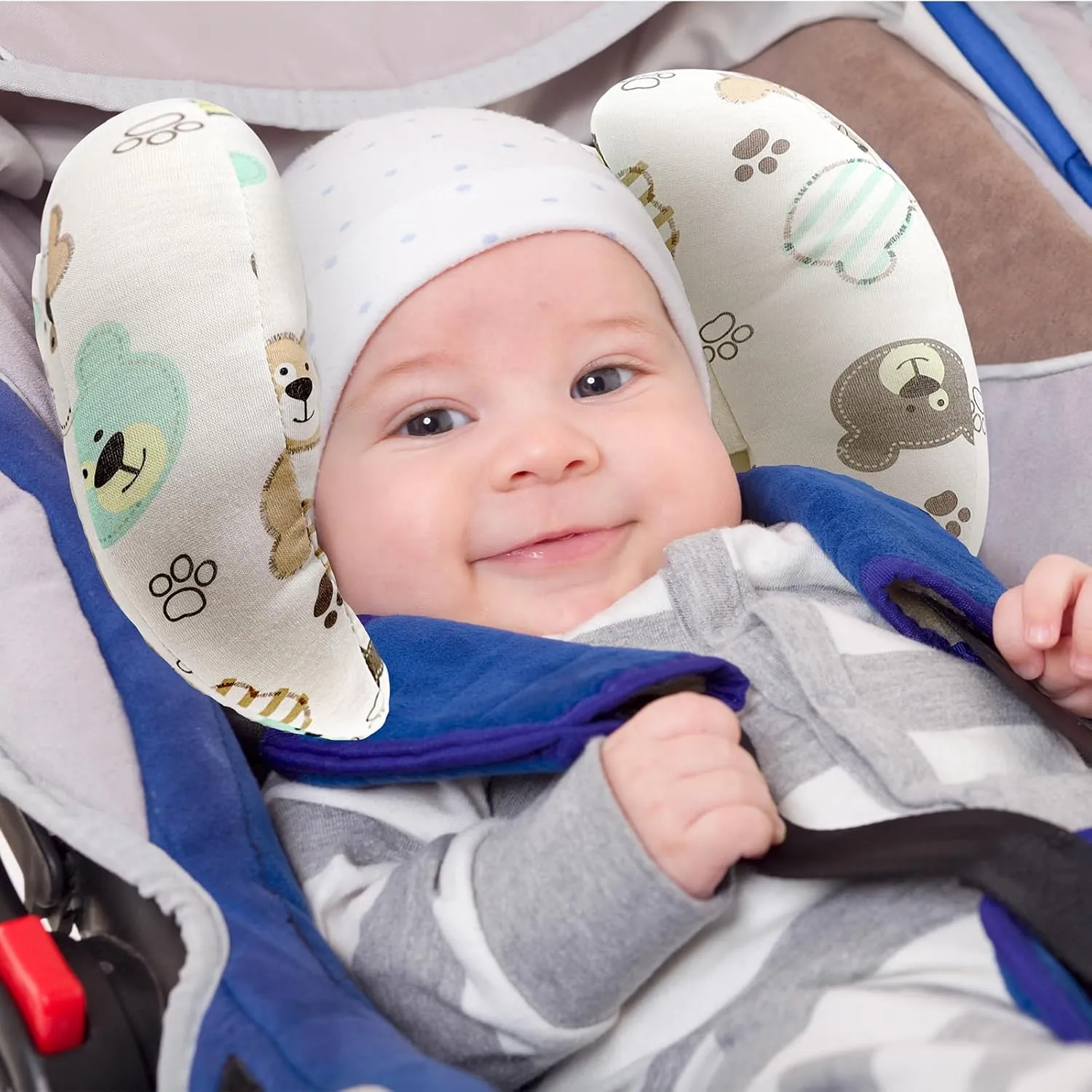 KAKIBLIN Baby Head Neck Support Pillow, 2 in 1 Banana Neck Pillow for Babies, Travel Pillow for Stroller Neck Support for Newborn, Adjustable Baby Pillow for Head (Bear)