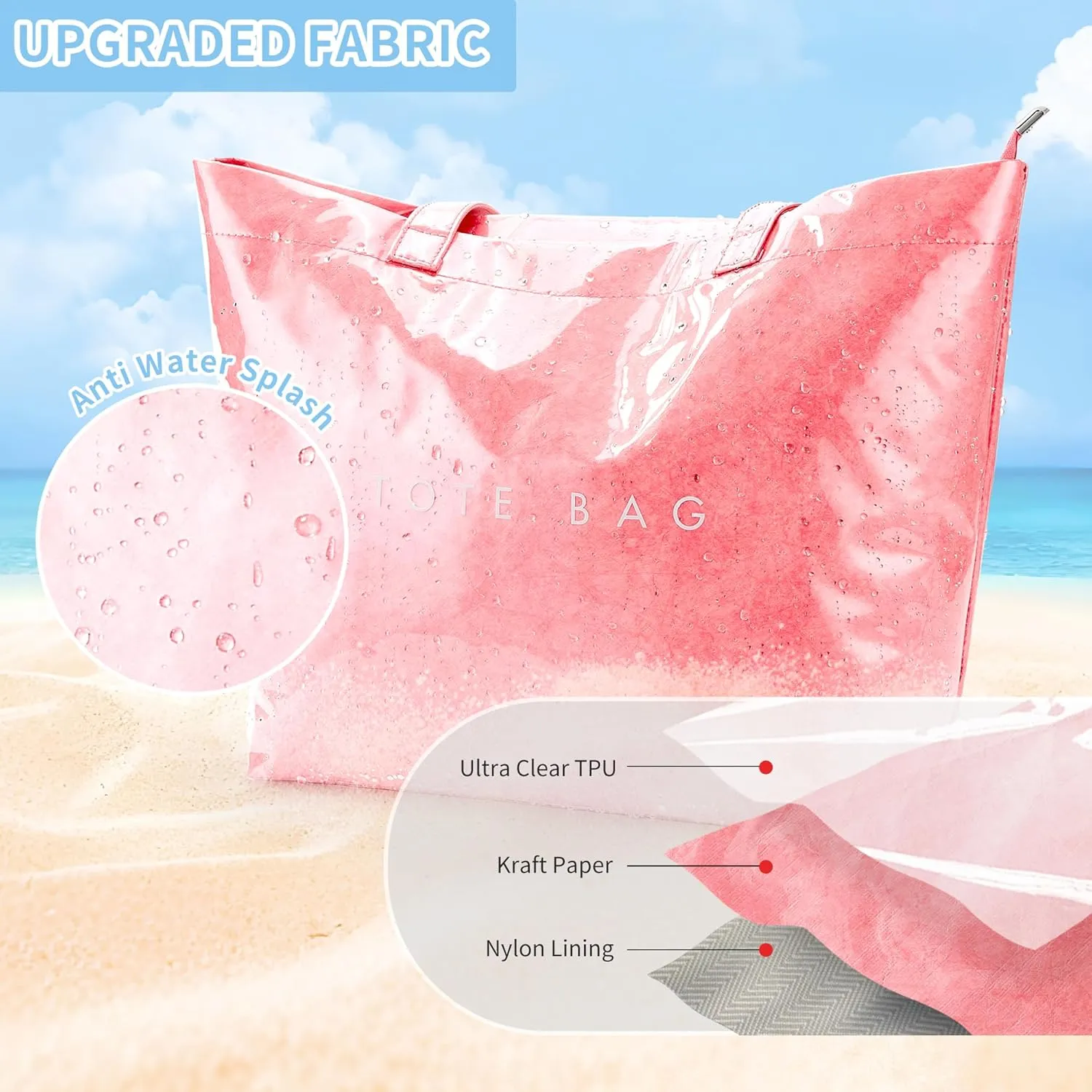 KALIDI Kraft Paper Tote Bag, Ultra Clear TPU Beach Bag Zipper Hobo Handbag Vintage Large Carry All Plastic Shoulder Bag