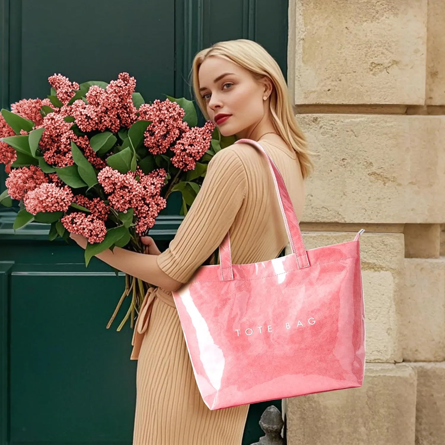 KALIDI Kraft Paper Tote Bag, Ultra Clear TPU Beach Bag Zipper Hobo Handbag Vintage Large Carry All Plastic Shoulder Bag