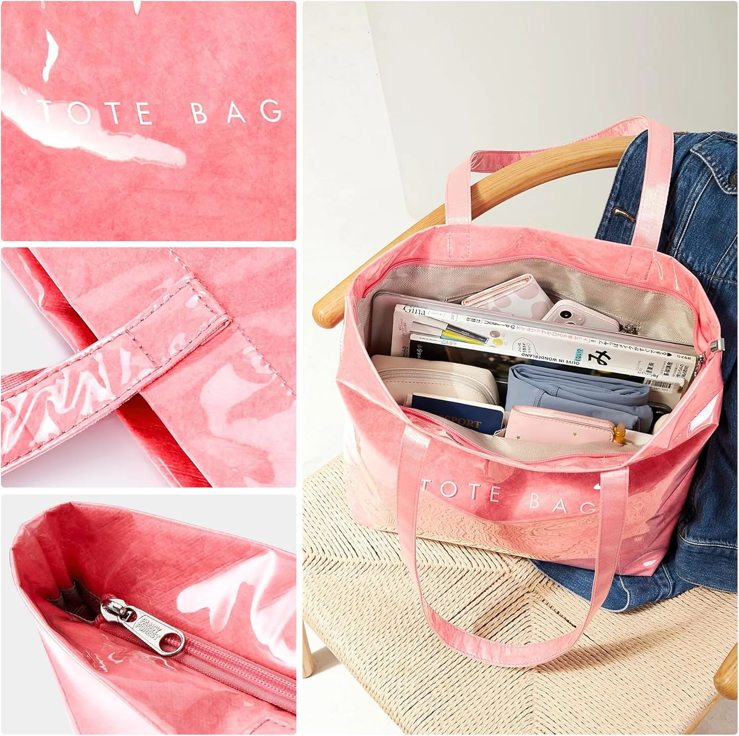 KALIDI Kraft Paper Tote Bag, Ultra Clear TPU Beach Bag Zipper Hobo Handbag Vintage Large Carry All Plastic Shoulder Bag