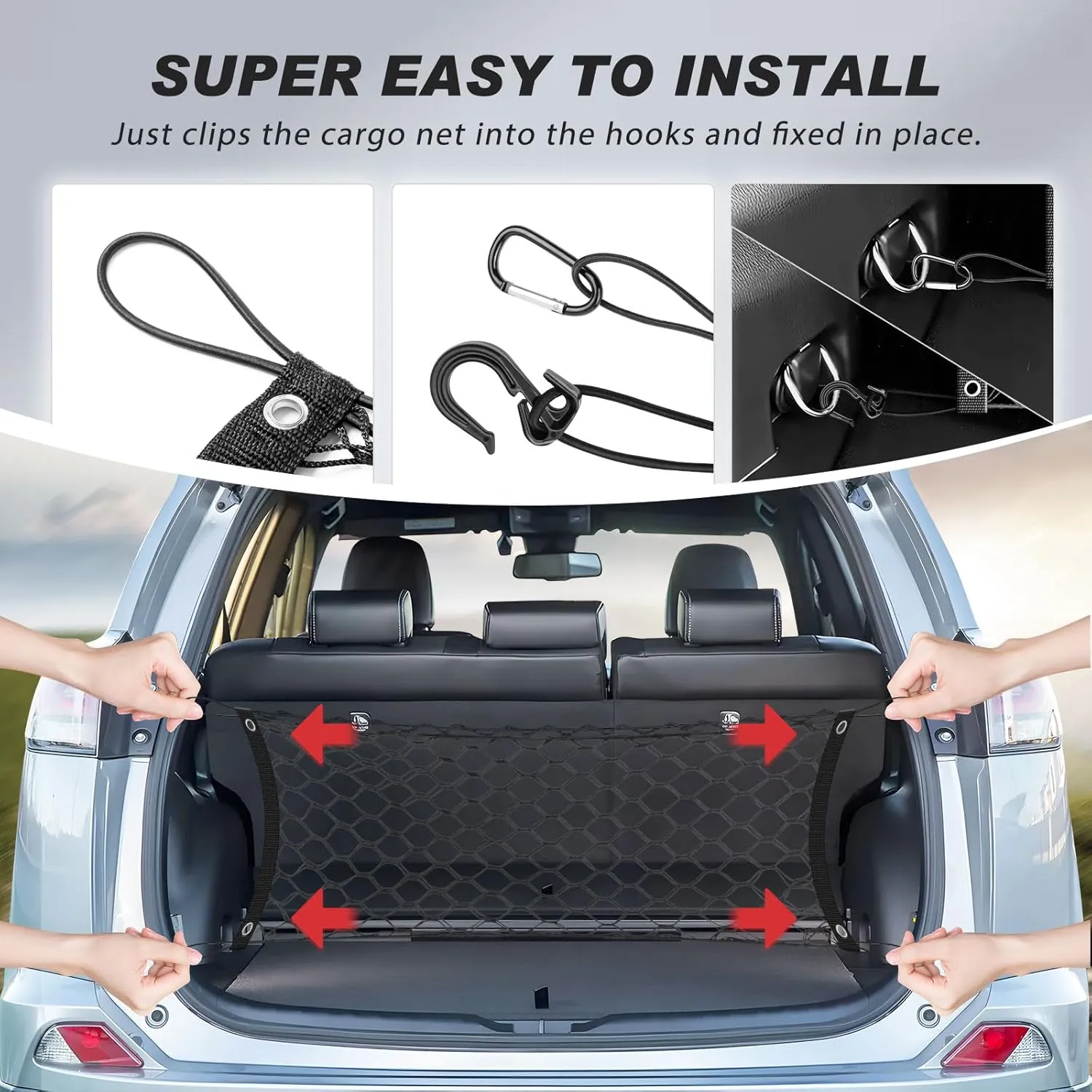Karltys Envelope Style Cargo Net for Toyota RAV4 2013 2014 2015 2016 2017 2018, Elastic Rear Trunk Mesh Cargo Net for RAV4 Double Layer Nylon Mesh Storage Netting Organizer with Metal Hooks