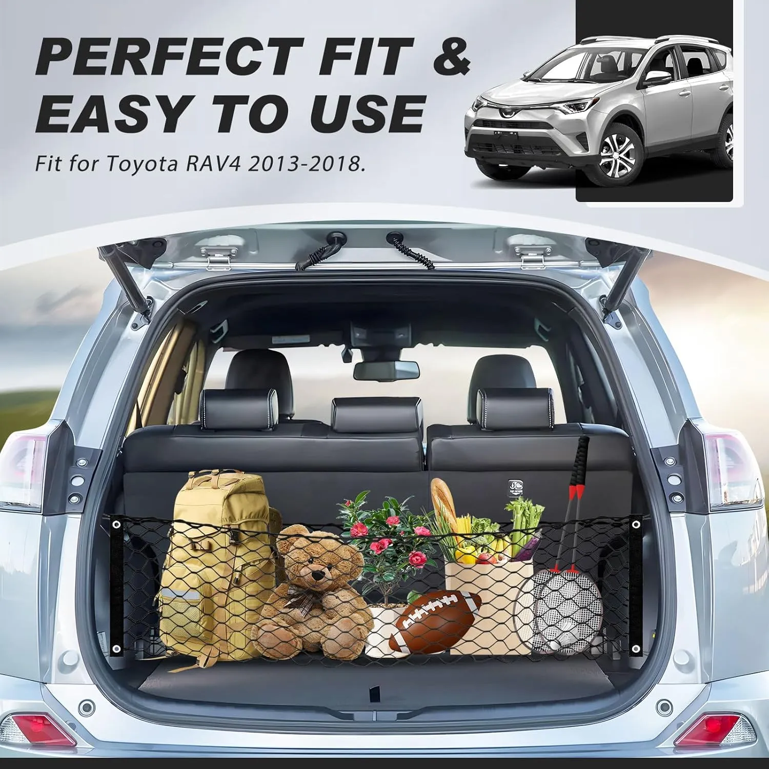 Karltys Envelope Style Cargo Net for Toyota RAV4 2013 2014 2015 2016 2017 2018, Elastic Rear Trunk Mesh Cargo Net for RAV4 Double Layer Nylon Mesh Storage Netting Organizer with Metal Hooks