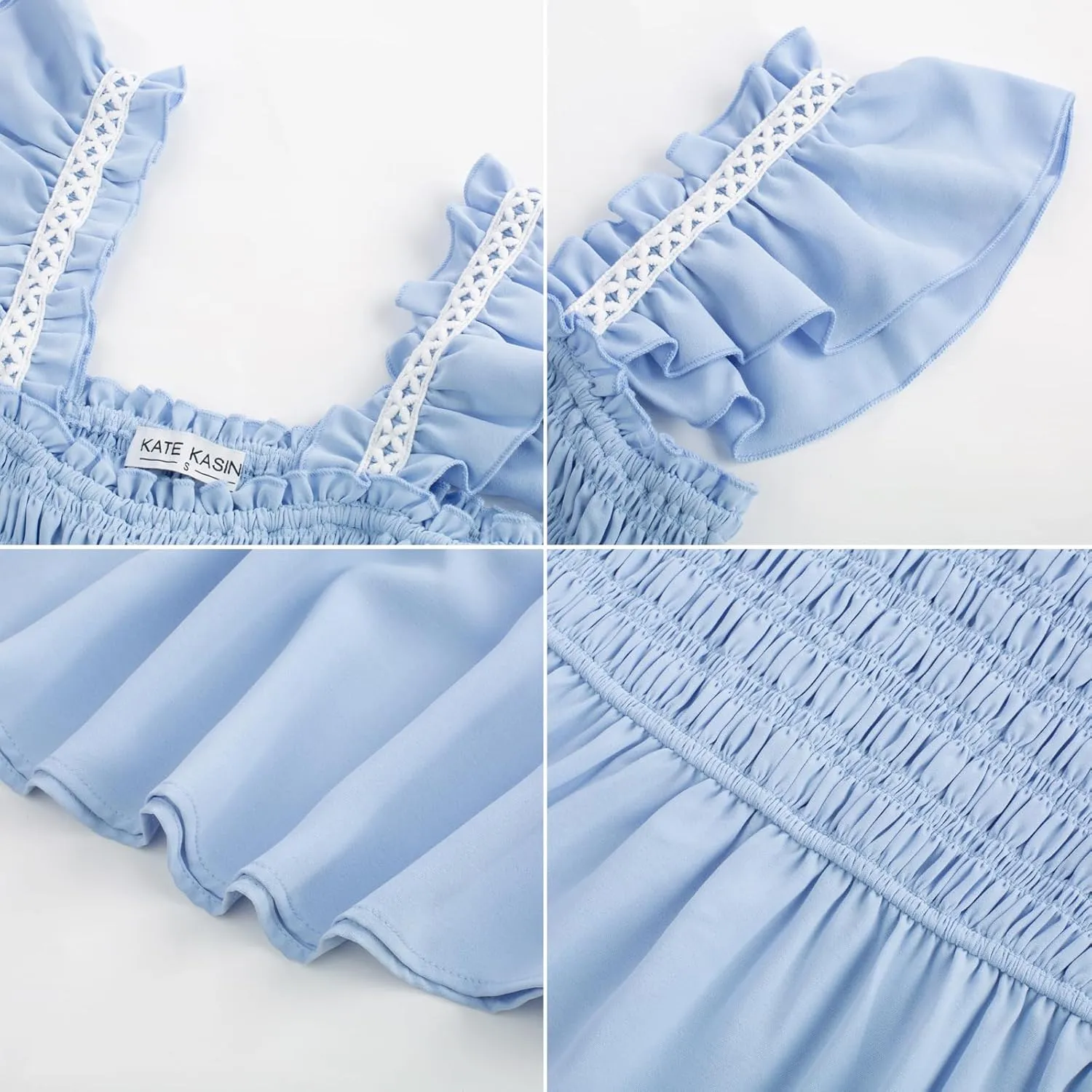 Kate Kasin Womens 2025 Summer Casual Dress Sleeveless Square Neck Smocked Ruffle Boho Flowy Maxi Beach Sundress
