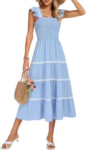 Kate Kasin Womens 2025 Summer Casual Dress Sleeveless Square Neck Smocked Ruffle Boho Flowy Maxi Beach Sundress