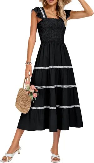 Kate Kasin Womens 2025 Summer Casual Dress Sleeveless Square Neck Smocked Ruffle Boho Flowy Maxi Beach Sundress