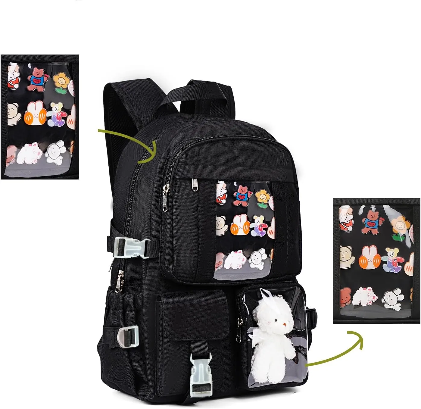 Kawaii Backpack for Girls, Cute Aesthetic Backpack for School, Kawaii Bookbag with Pins Accessories and Pendant, Black