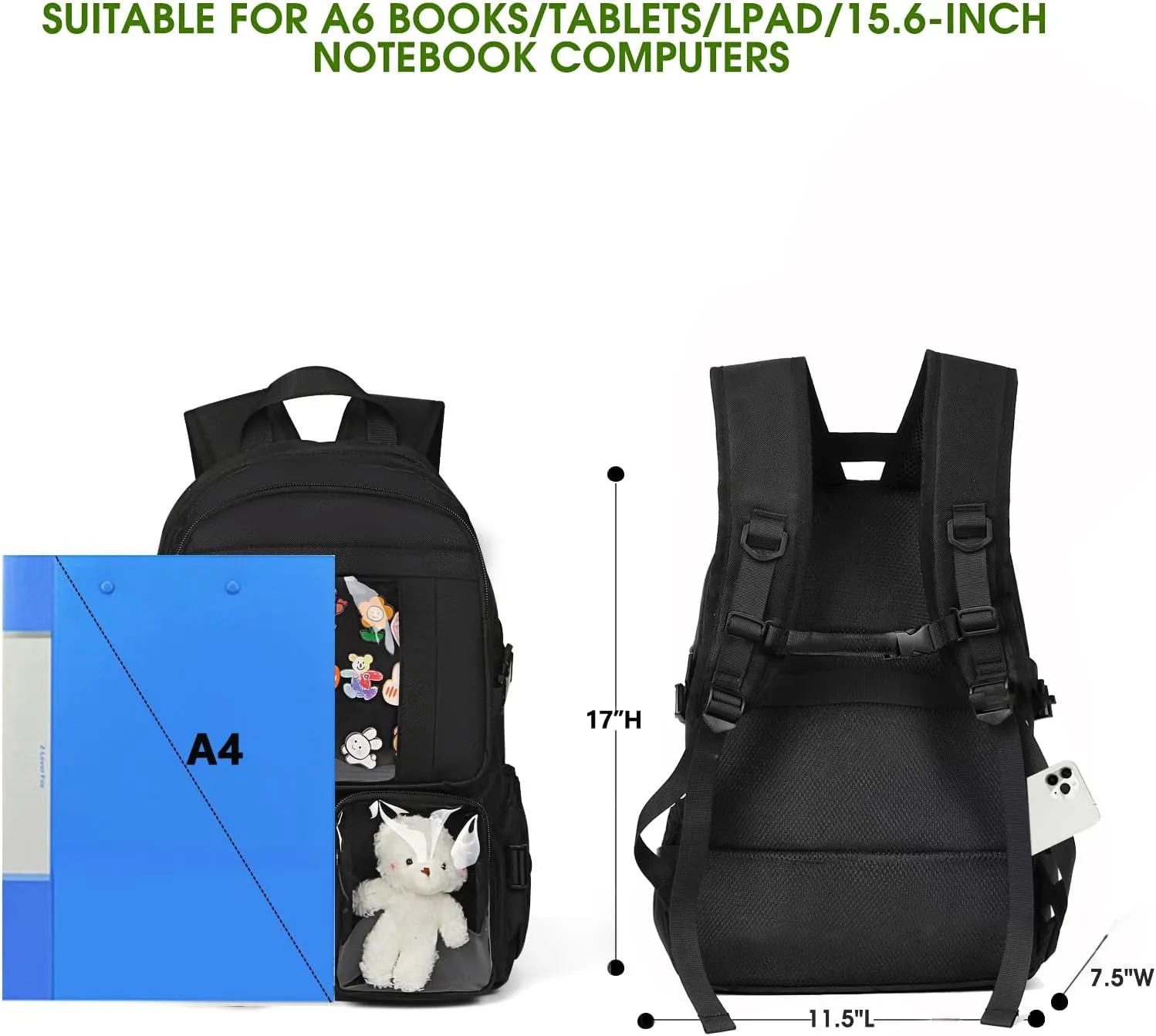 Kawaii Backpack for Girls, Cute Aesthetic Backpack for School, Kawaii Bookbag with Pins Accessories and Pendant, Black