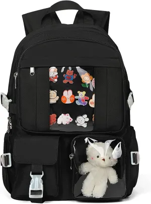 Kawaii Backpack for Girls, Cute Aesthetic Backpack for School, Kawaii Bookbag with Pins Accessories and Pendant, Black