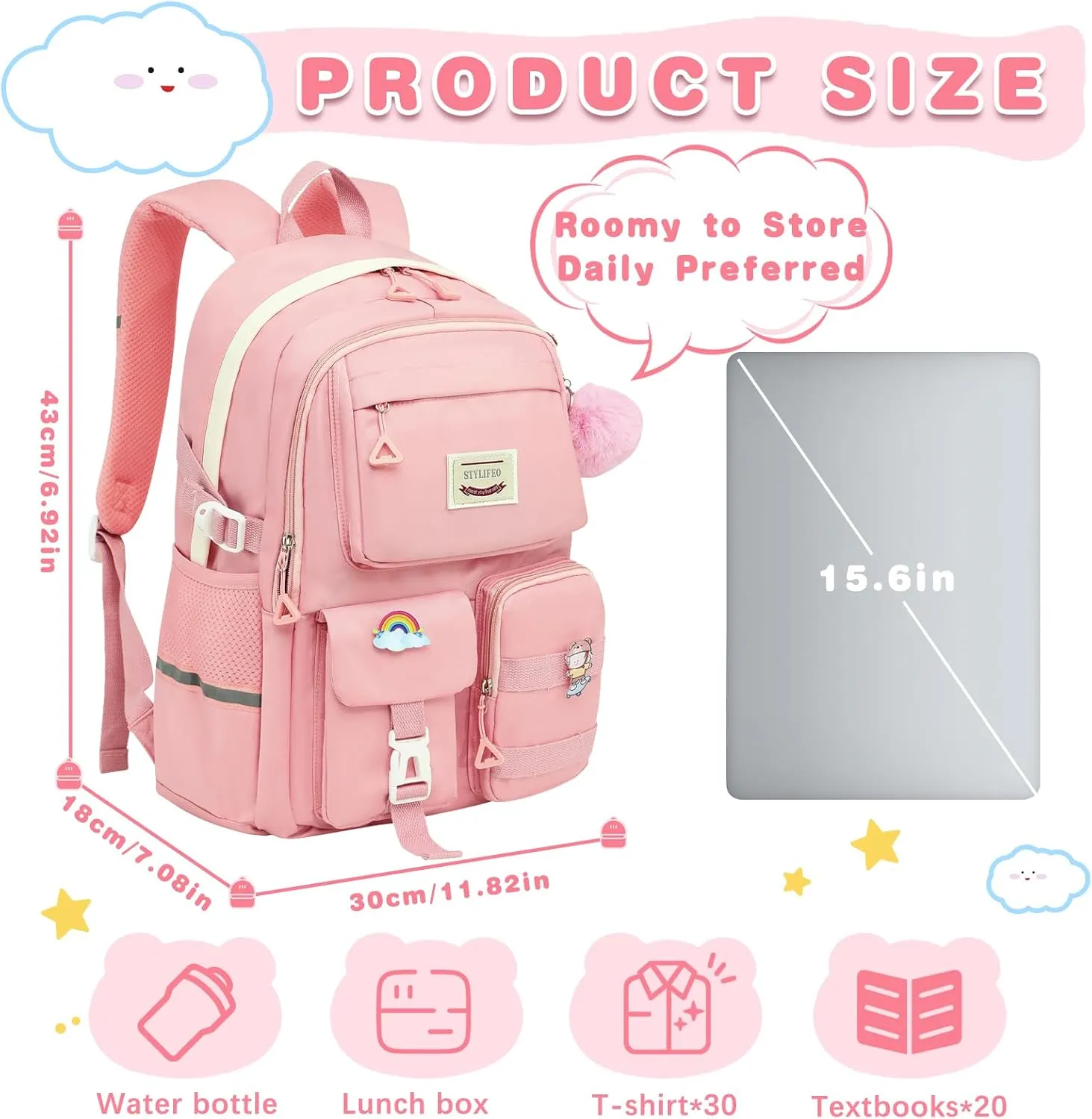 Kawaii Girls Backpack for School Cute Teenage Bookbag With Multiple Pockets for Primary Elementary High School,Pink