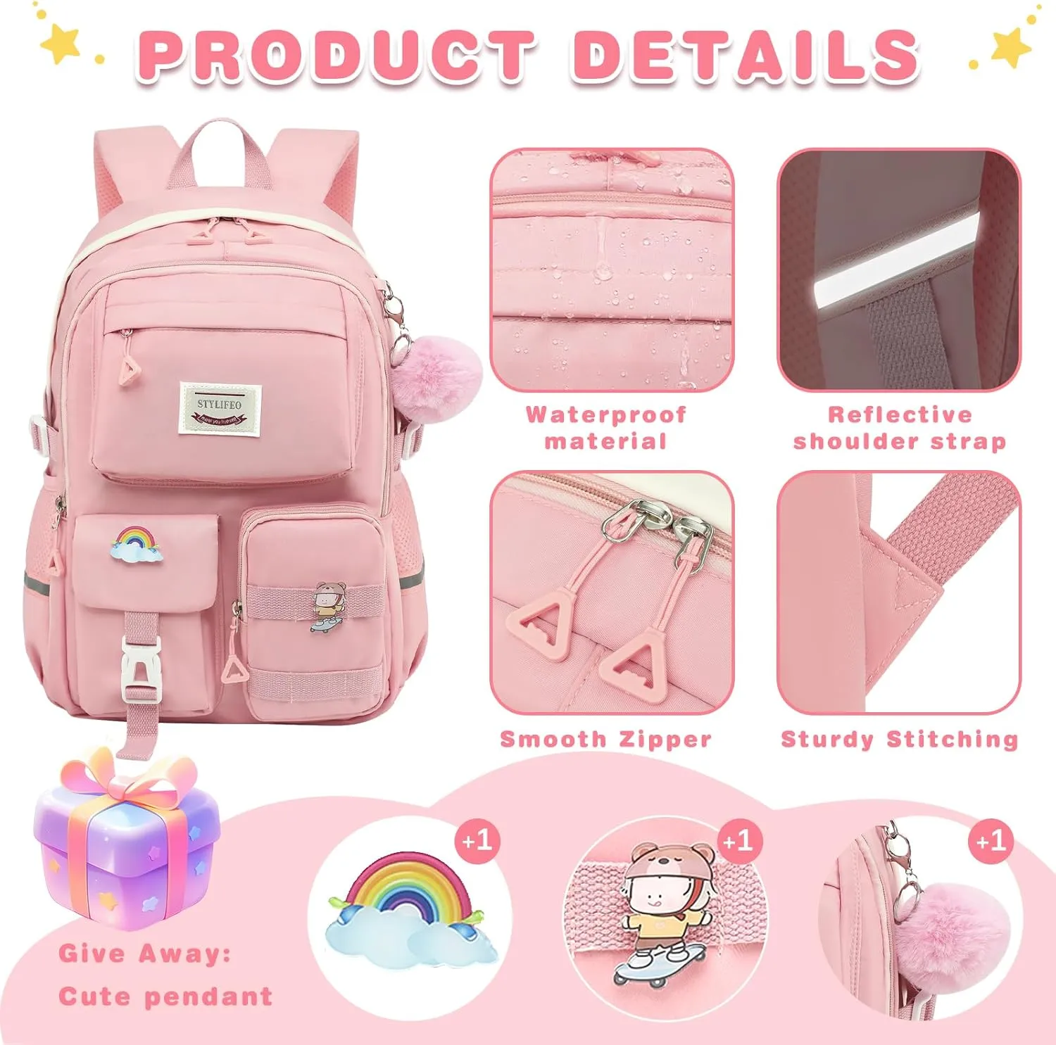 Kawaii Girls Backpack for School Cute Teenage Bookbag With Multiple Pockets for Primary Elementary High School,Pink