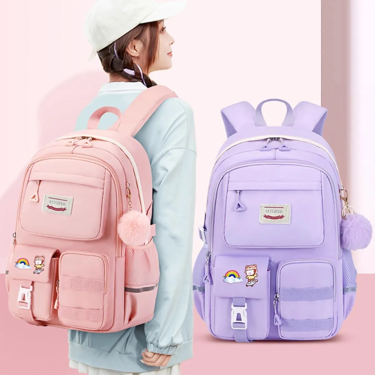 Kawaii Girls Backpack for School Cute Teenage Bookbag With Multiple Pockets for Primary Elementary High School,Pink