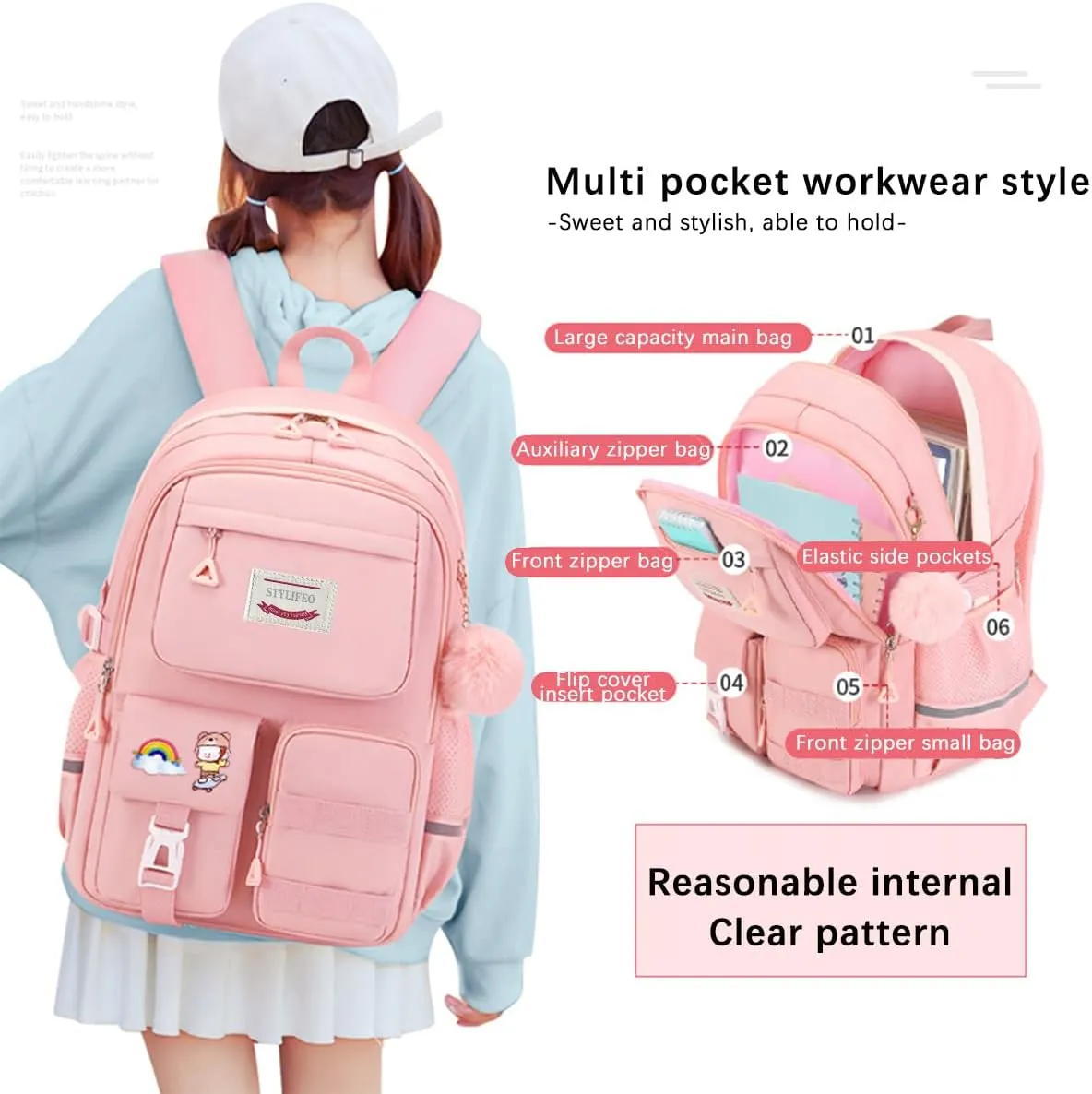 Kawaii Girls Backpack for School Cute Teenage Bookbag With Multiple Pockets for Primary Elementary High School,Pink