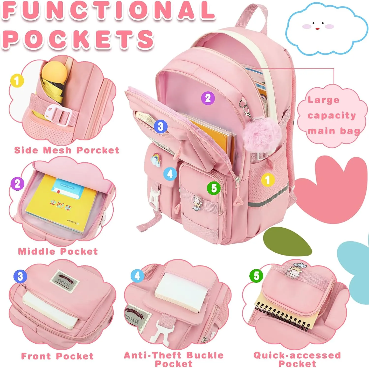 Kawaii Girls Backpack for School Cute Teenage Bookbag With Multiple Pockets for Primary Elementary High School,Pink