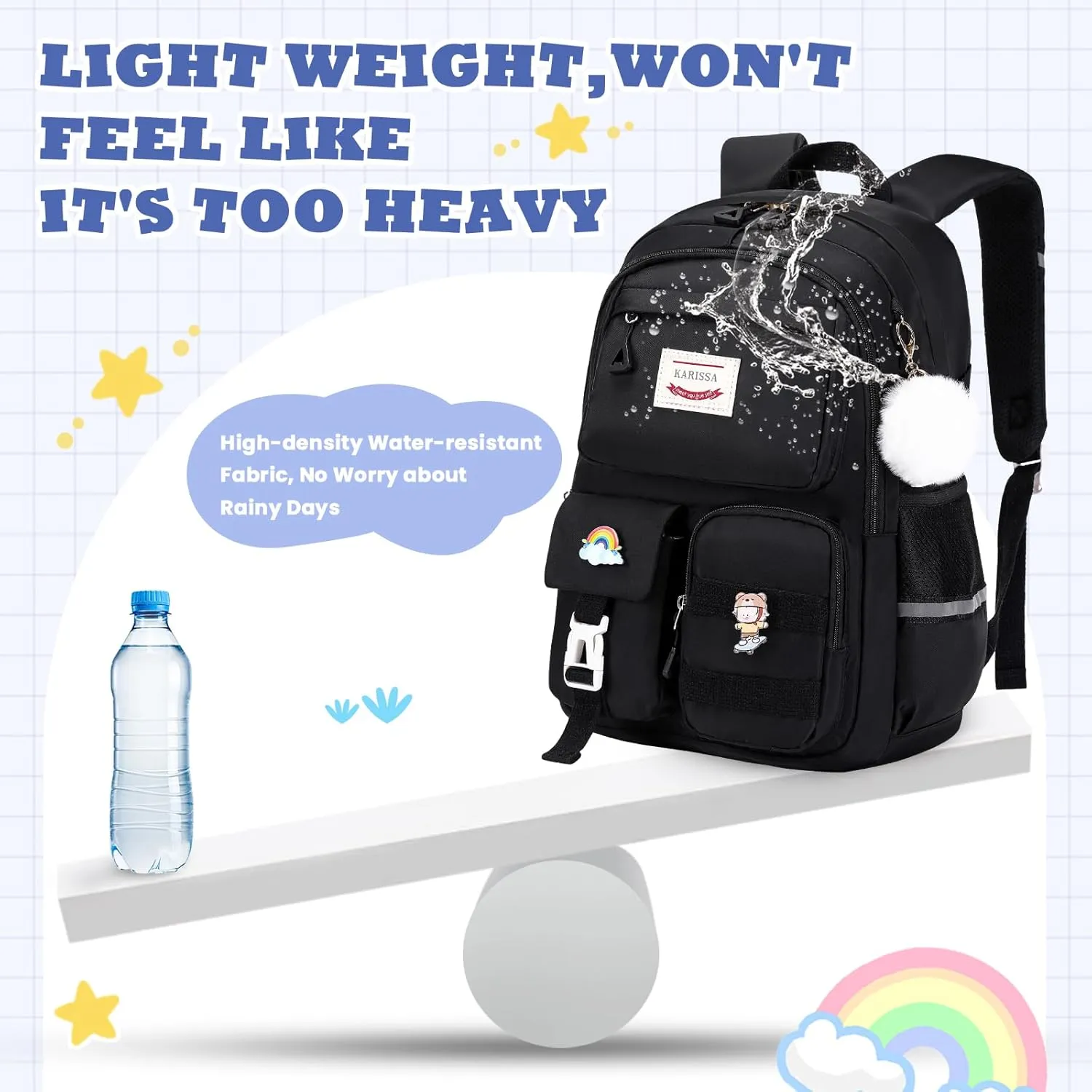 Kawaii Girls Backpack for School, Cute Teenage Multiple Pockets Backpack, Fashion Bookbag for Primary Elementary High School, Black