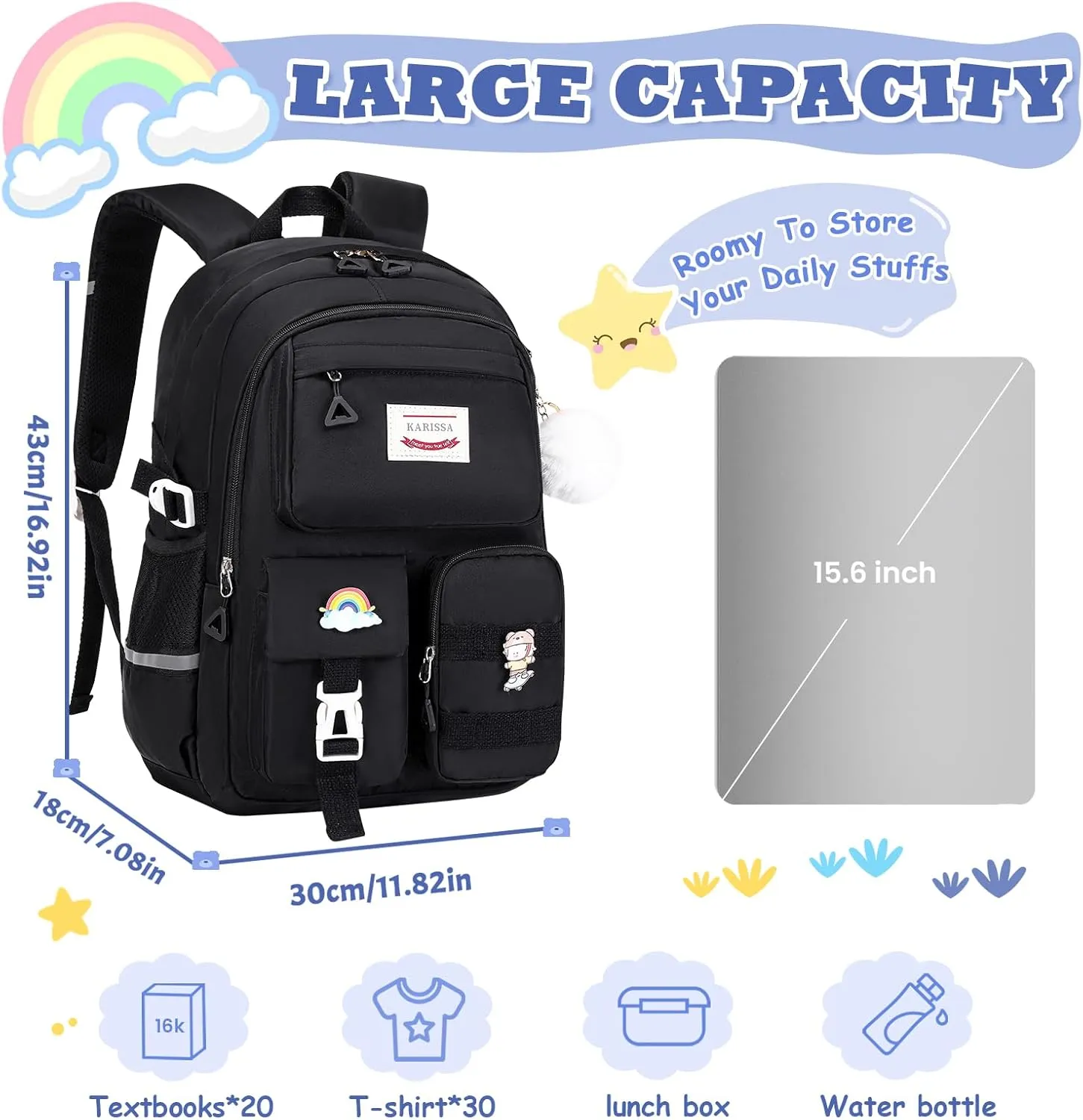 Kawaii Girls Backpack for School, Cute Teenage Multiple Pockets Backpack, Fashion Bookbag for Primary Elementary High School, Black