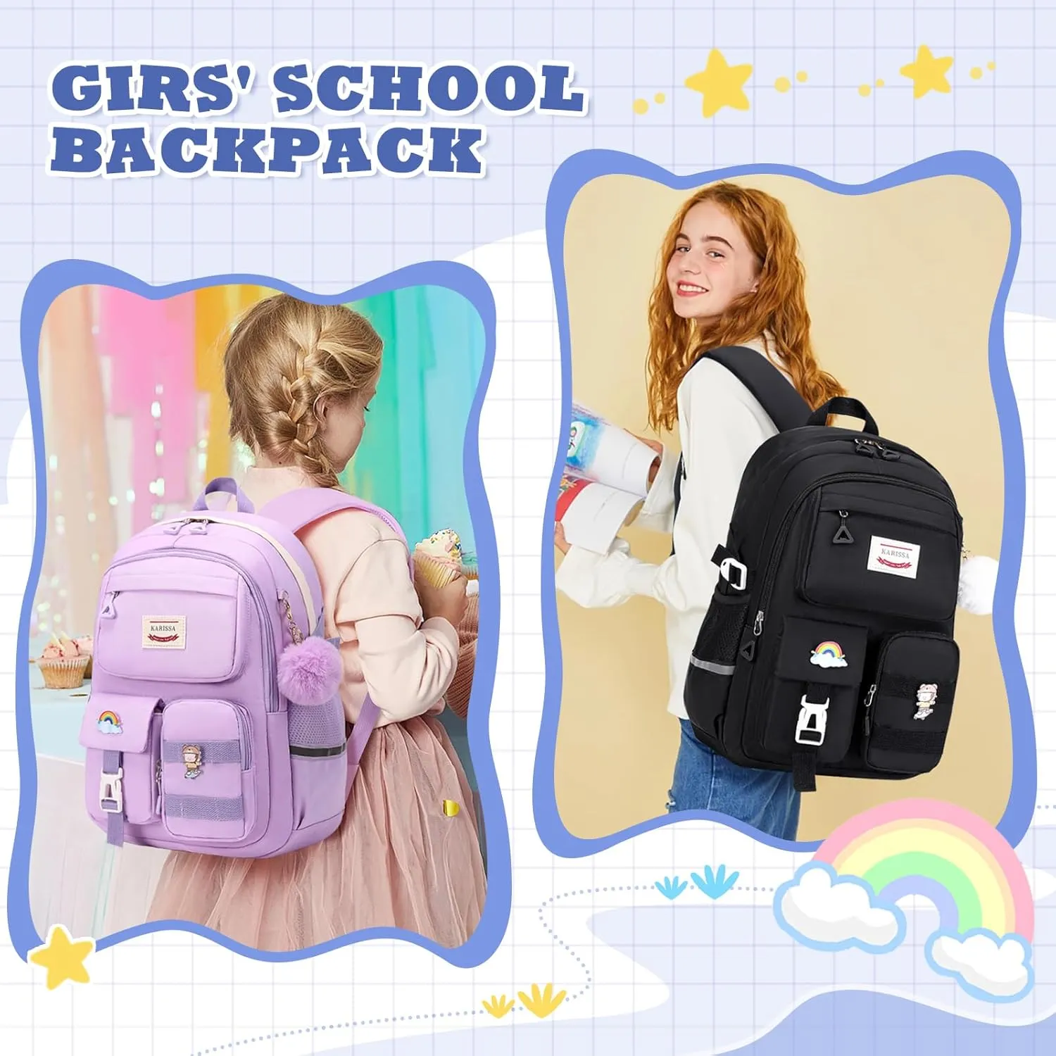 Kawaii Girls Backpack for School, Cute Teenage Multiple Pockets Backpack, Fashion Bookbag for Primary Elementary High School, Black