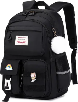 Kawaii Girls Backpack for School, Cute Teenage Multiple Pockets Backpack, Fashion Bookbag for Primary Elementary High School, Black