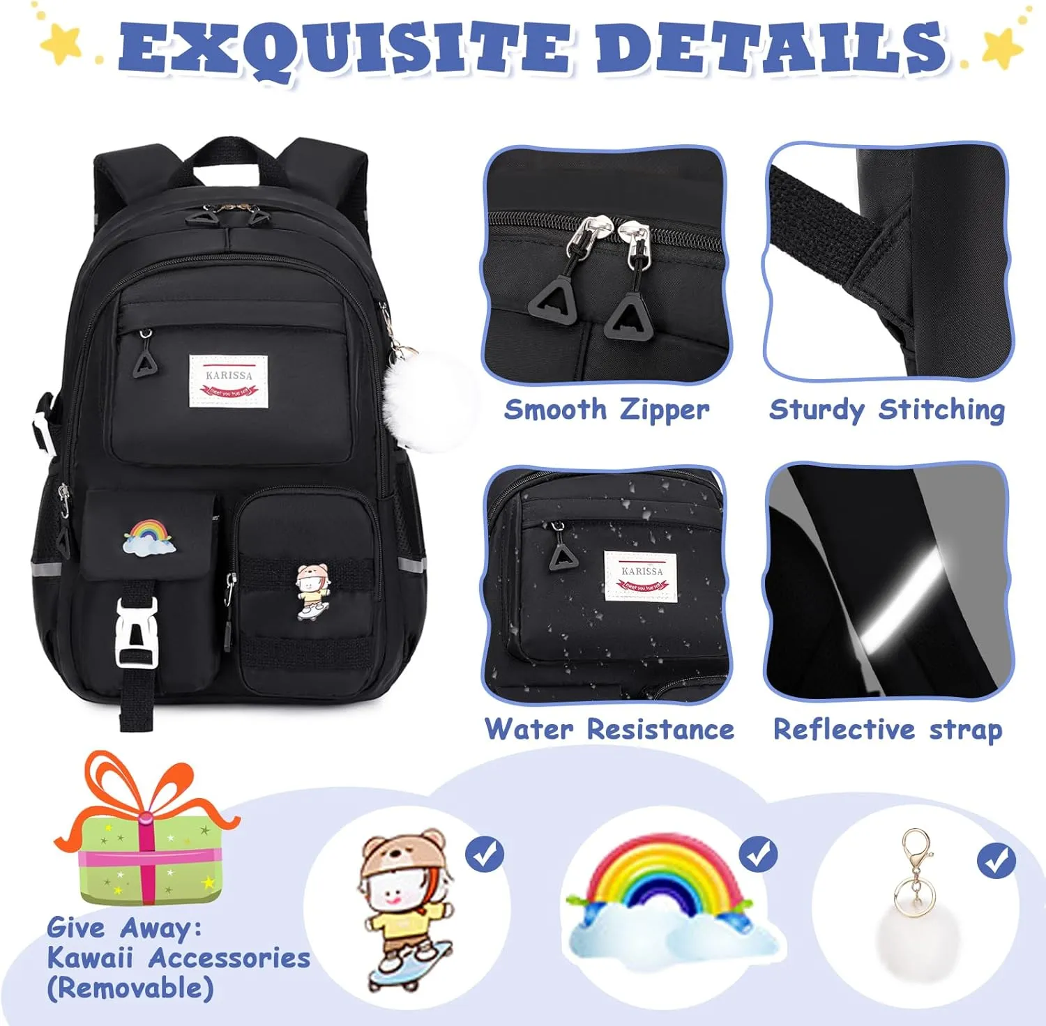 Kawaii Girls Backpack for School, Cute Teenage Multiple Pockets Backpack, Fashion Bookbag for Primary Elementary High School, Black