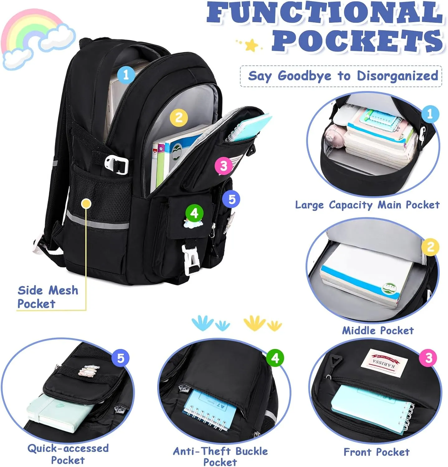 Kawaii Girls Backpack for School, Cute Teenage Multiple Pockets Backpack, Fashion Bookbag for Primary Elementary High School, Black