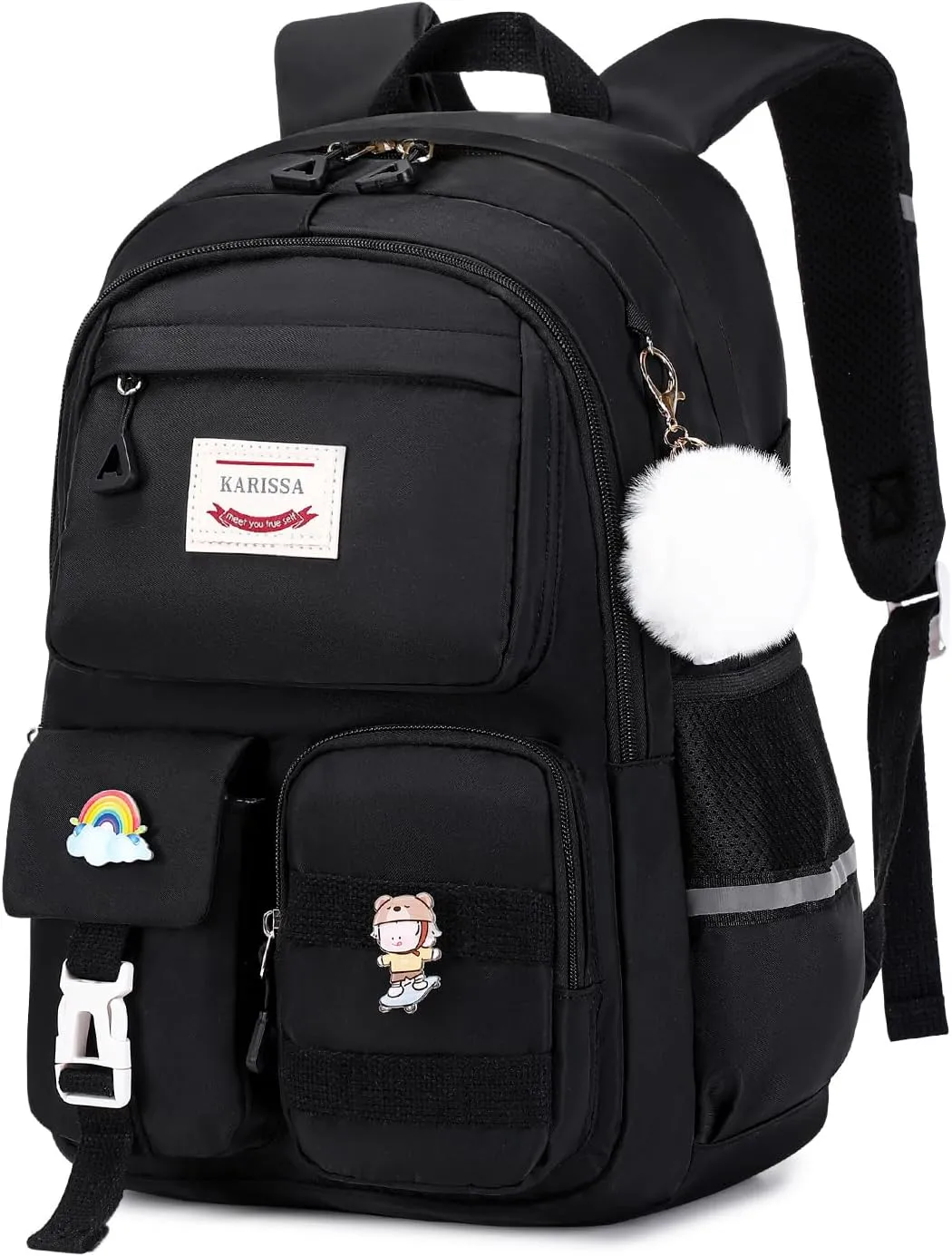 Kawaii Girls Backpack for School, Cute Teenage Multiple Pockets Backpack, Fashion Bookbag for Primary Elementary High School, Black