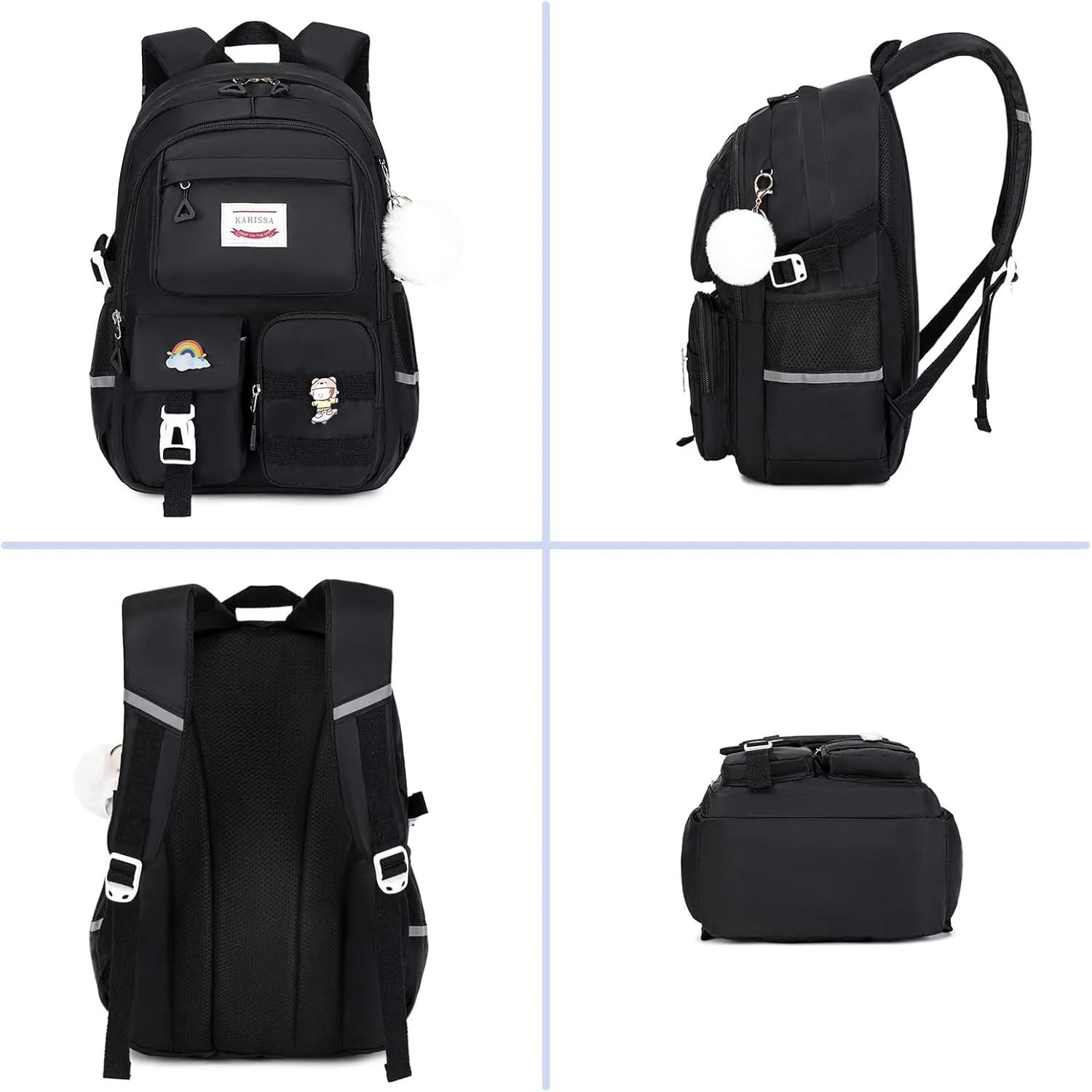 Kawaii Girls Backpack for School, Cute Teenage Multiple Pockets Backpack, Fashion Bookbag for Primary Elementary High School, Black