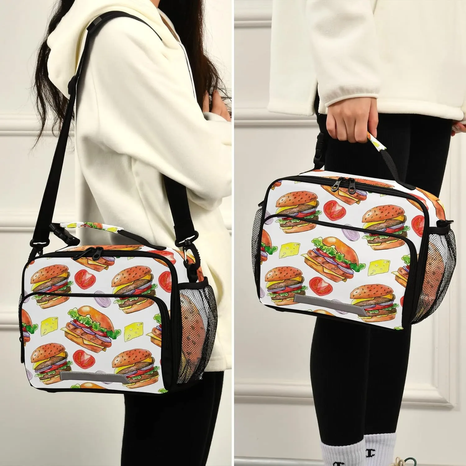 Kcldeci Cheese Burger Tomato Onion Lunch Bag Insulated Lunch Box for Women and Men, Light Durable Tote Bag with Adjustable Shoulder Strap for Office Work School Picnic Hiking Beach Fishing