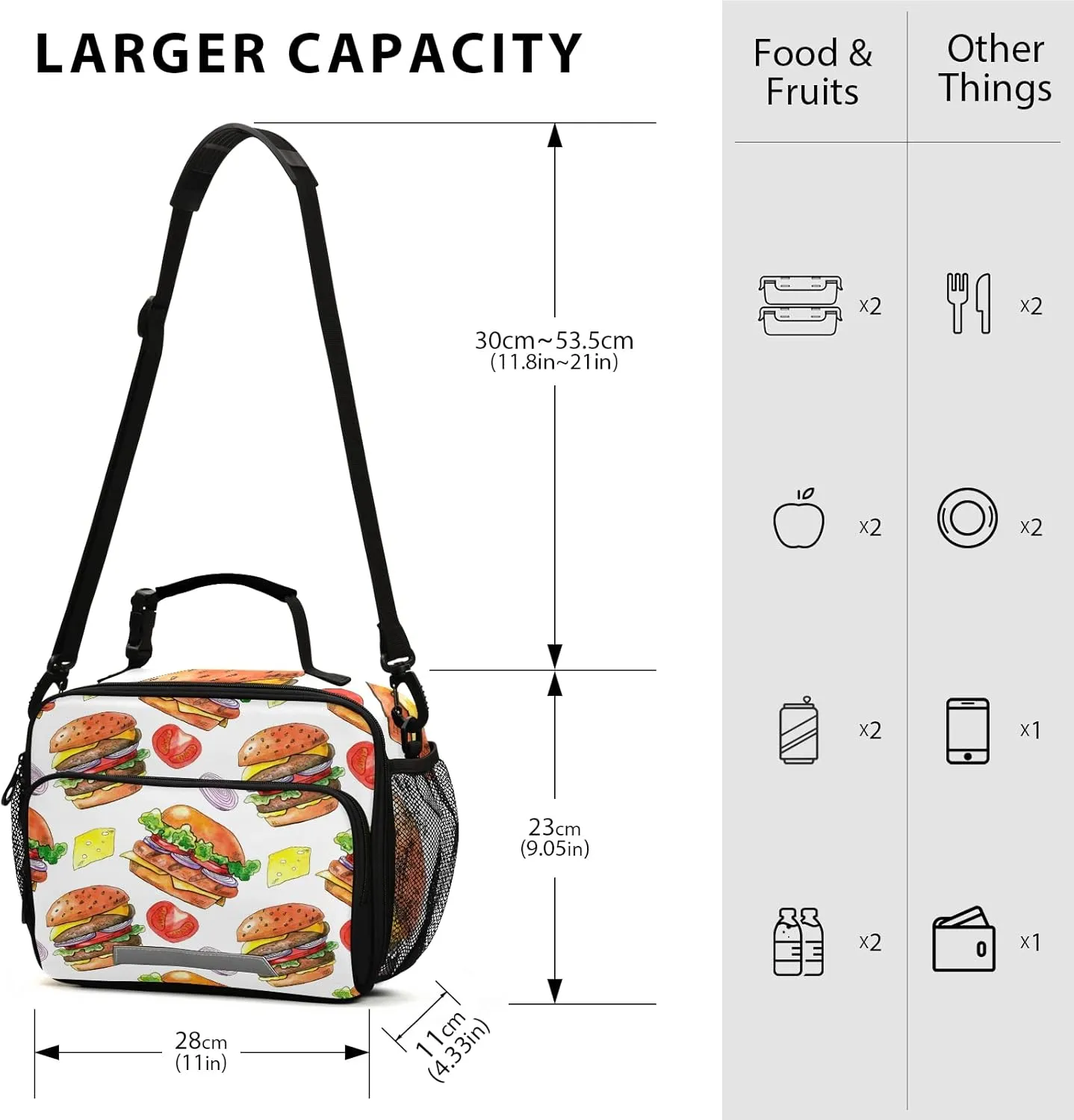 Kcldeci Cheese Burger Tomato Onion Lunch Bag Insulated Lunch Box for Women and Men, Light Durable Tote Bag with Adjustable Shoulder Strap for Office Work School Picnic Hiking Beach Fishing
