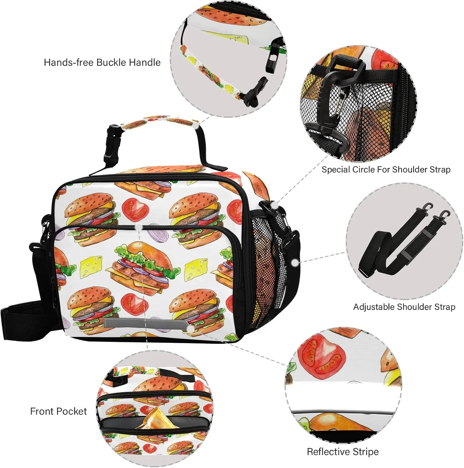 Kcldeci Cheese Burger Tomato Onion Lunch Bag Insulated Lunch Box for Women and Men, Light Durable Tote Bag with Adjustable Shoulder Strap for Office Work School Picnic Hiking Beach Fishing