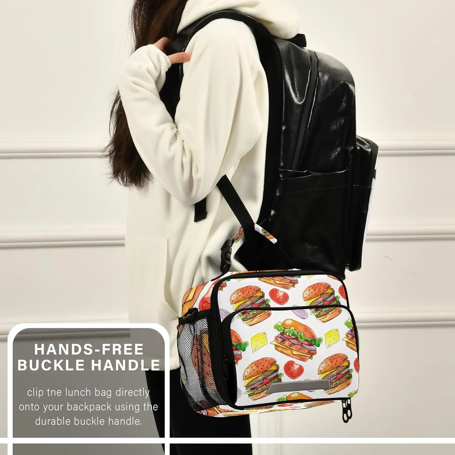 Kcldeci Cheese Burger Tomato Onion Lunch Bag Insulated Lunch Box for Women and Men, Light Durable Tote Bag with Adjustable Shoulder Strap for Office Work School Picnic Hiking Beach Fishing