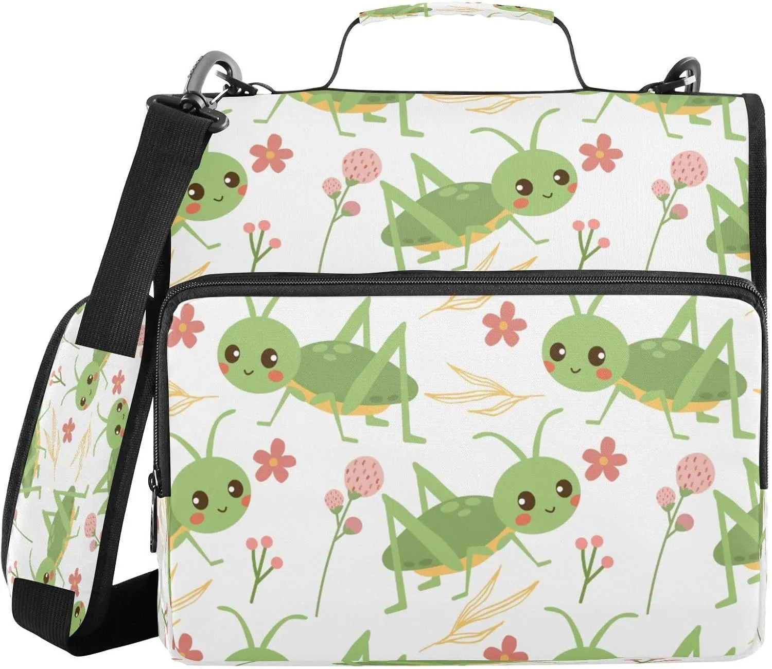 Kcldeci Grasshoppers and Flowers 3 Ring Binder with Zipper,500 Sheet Trapper Keeper Organizer 1.5inch Binder Bag with Shoulder Strap Documents Storage for School and Office