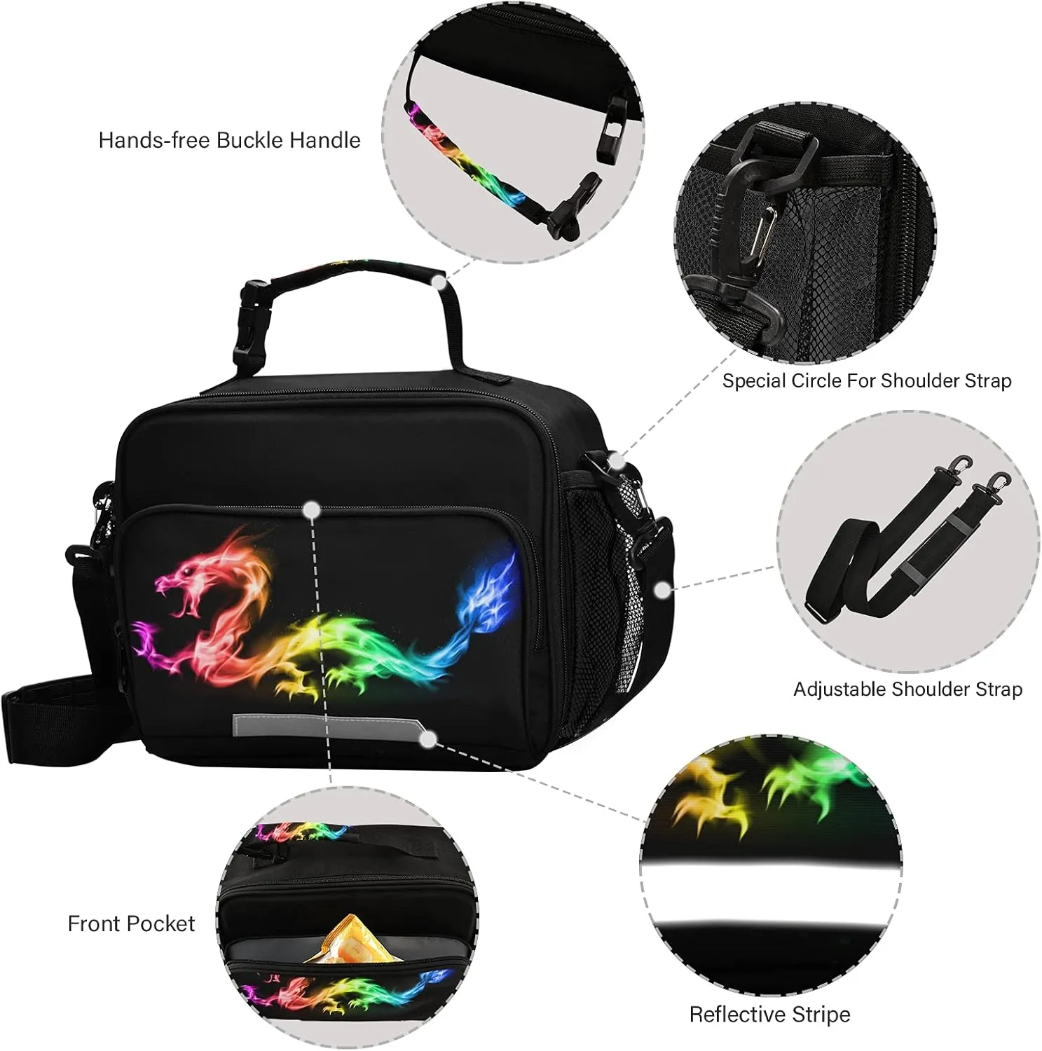 Kcldeci Rainbow Dragon Insulated Lunch Bag for Women/Men Monster Reusable Lunch Box for Office Work School Picnic Beach - Leakproof Cooler Tote Bag Freezable Lunch Bag