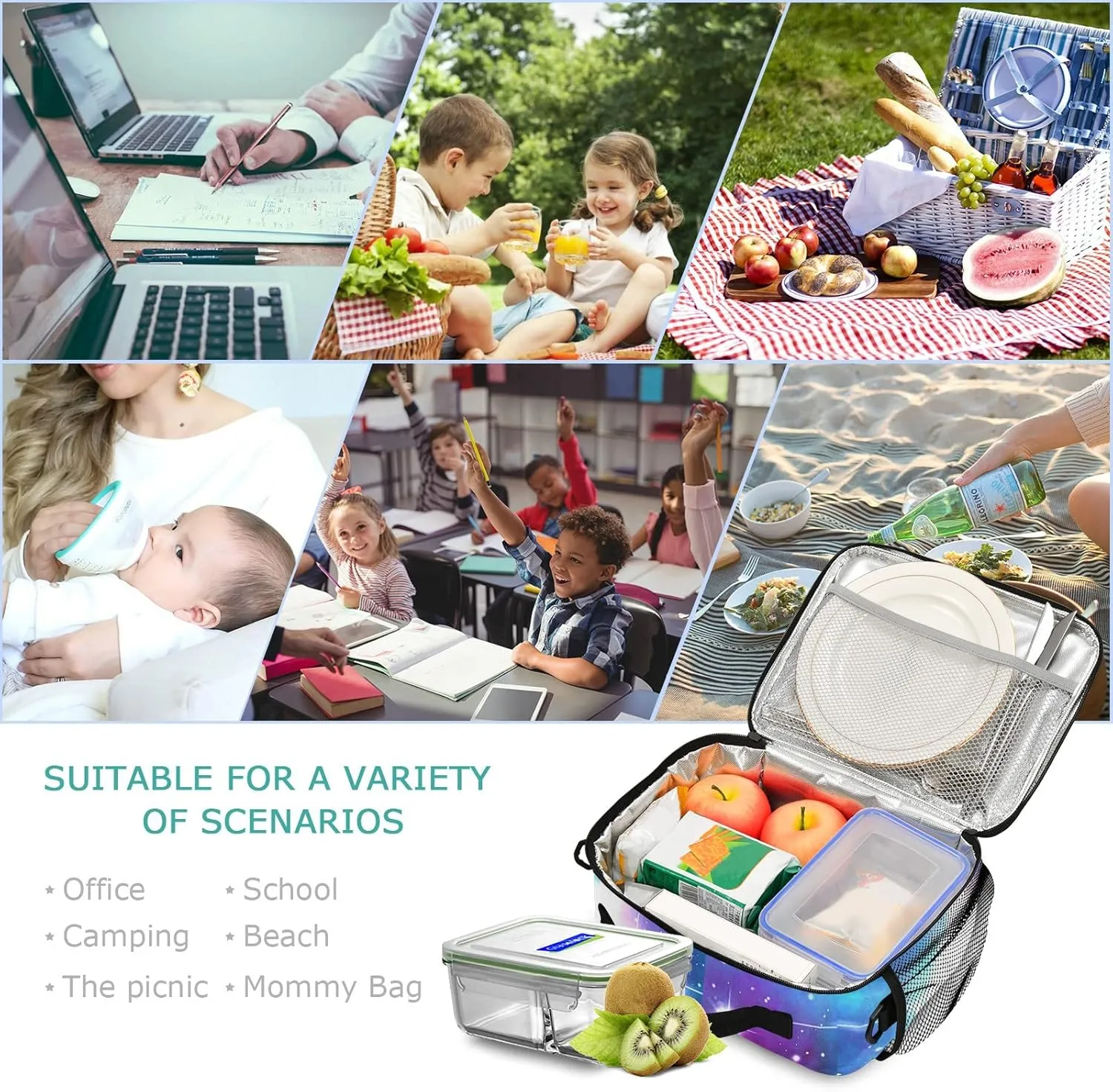 Kcldeci Wolf Galaxy Insulated Lunch Bag for Women/Men Galaxy Wolf Reusable Lunch Box for Office Work School Picnic Beach - Leakproof Cooler Tote Bag Freezable Lunch Bag