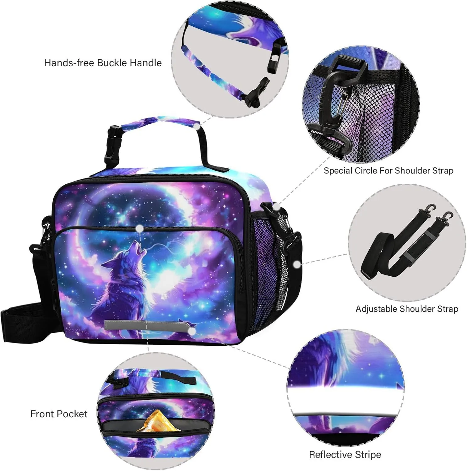 Kcldeci Wolf Galaxy Insulated Lunch Bag for Women/Men Galaxy Wolf Reusable Lunch Box for Office Work School Picnic Beach - Leakproof Cooler Tote Bag Freezable Lunch Bag