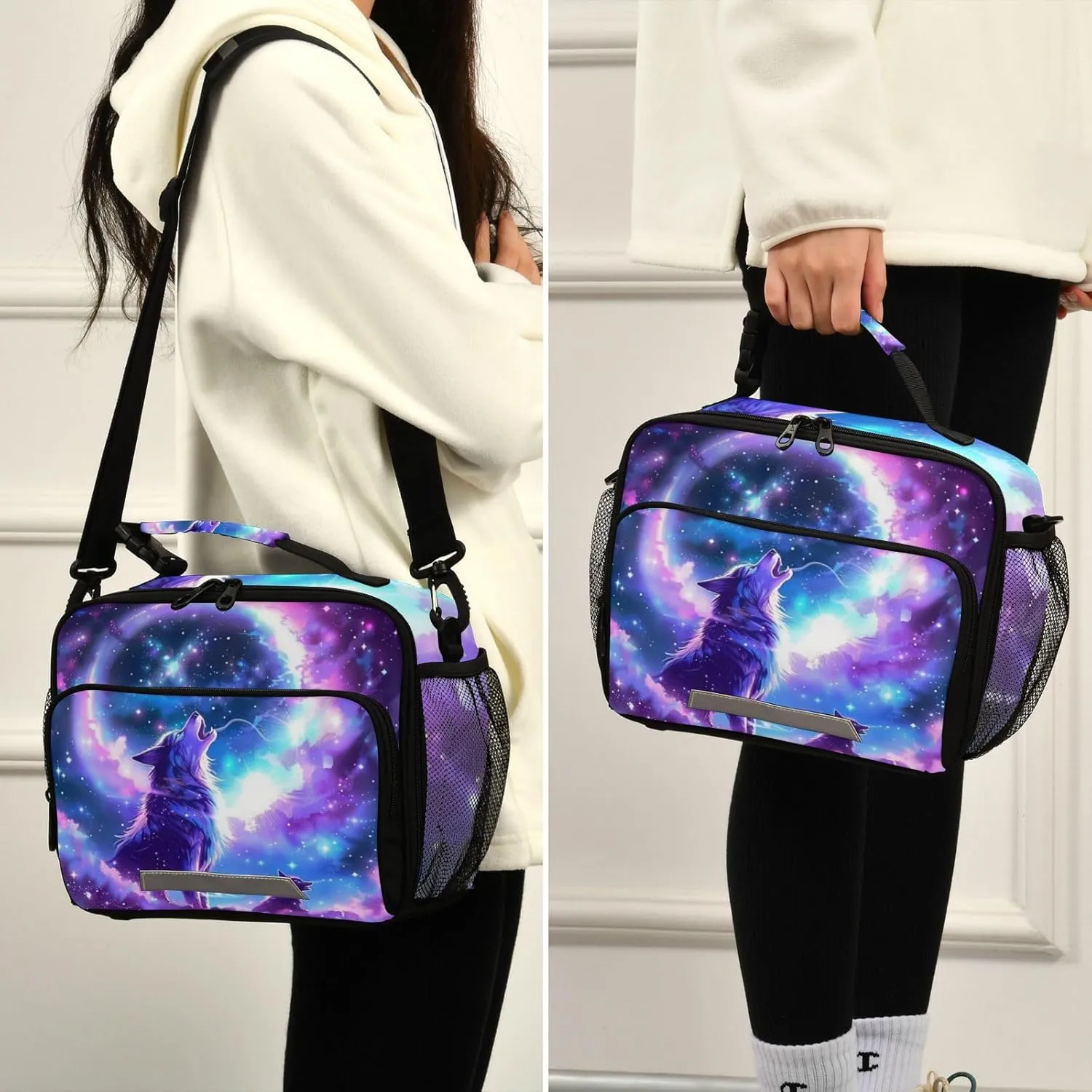 Kcldeci Wolf Galaxy Insulated Lunch Bag for Women/Men Galaxy Wolf Reusable Lunch Box for Office Work School Picnic Beach - Leakproof Cooler Tote Bag Freezable Lunch Bag