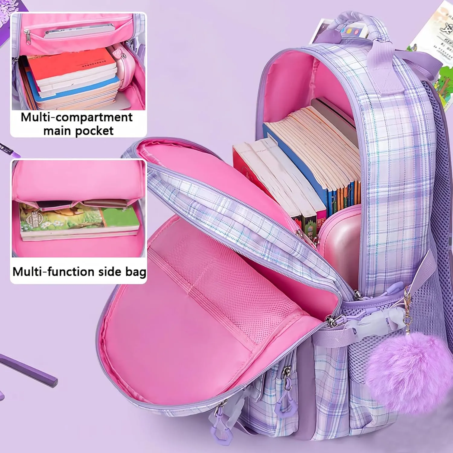 KEBEIXUAN Cute Backpack for School Girls, Multi-Pockets Kids Backpack Large Capacity Bookbag for Girls Age 6-12 (Pink)