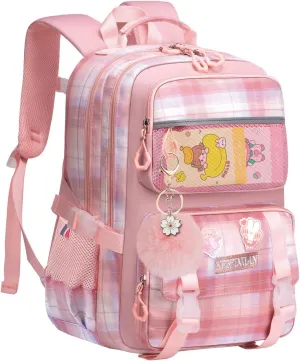 KEBEIXUAN Cute Backpack for School Girls, Multi-Pockets Kids Backpack Large Capacity Bookbag for Girls Age 6-12 (Pink)