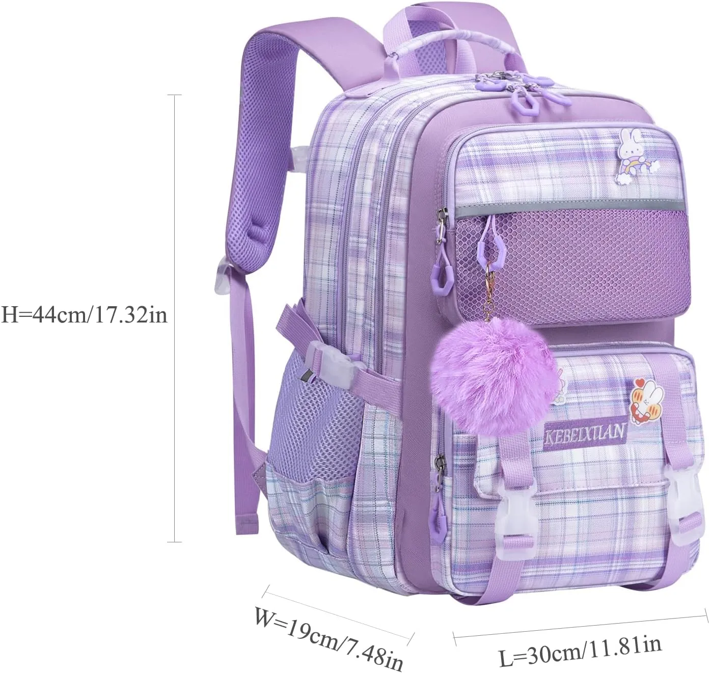 KEBEIXUAN Cute Backpack for School Girls, Multi-Pockets Kids Backpack Large Capacity Bookbag for Girls Age 6-12 (Purple)