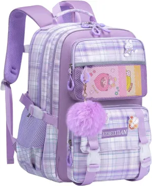 KEBEIXUAN Cute Backpack for School Girls, Multi-Pockets Kids Backpack Large Capacity Bookbag for Girls Age 6-12 (Purple)