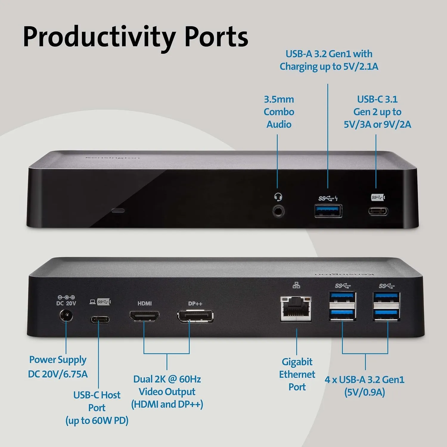 Kensington SD4700P Displaylink Docking Station – Dual Display for Any MacBook M1/M2/M3/M4 or Windows; 60W Power Delivery; TAA Compliant (K38240NA)