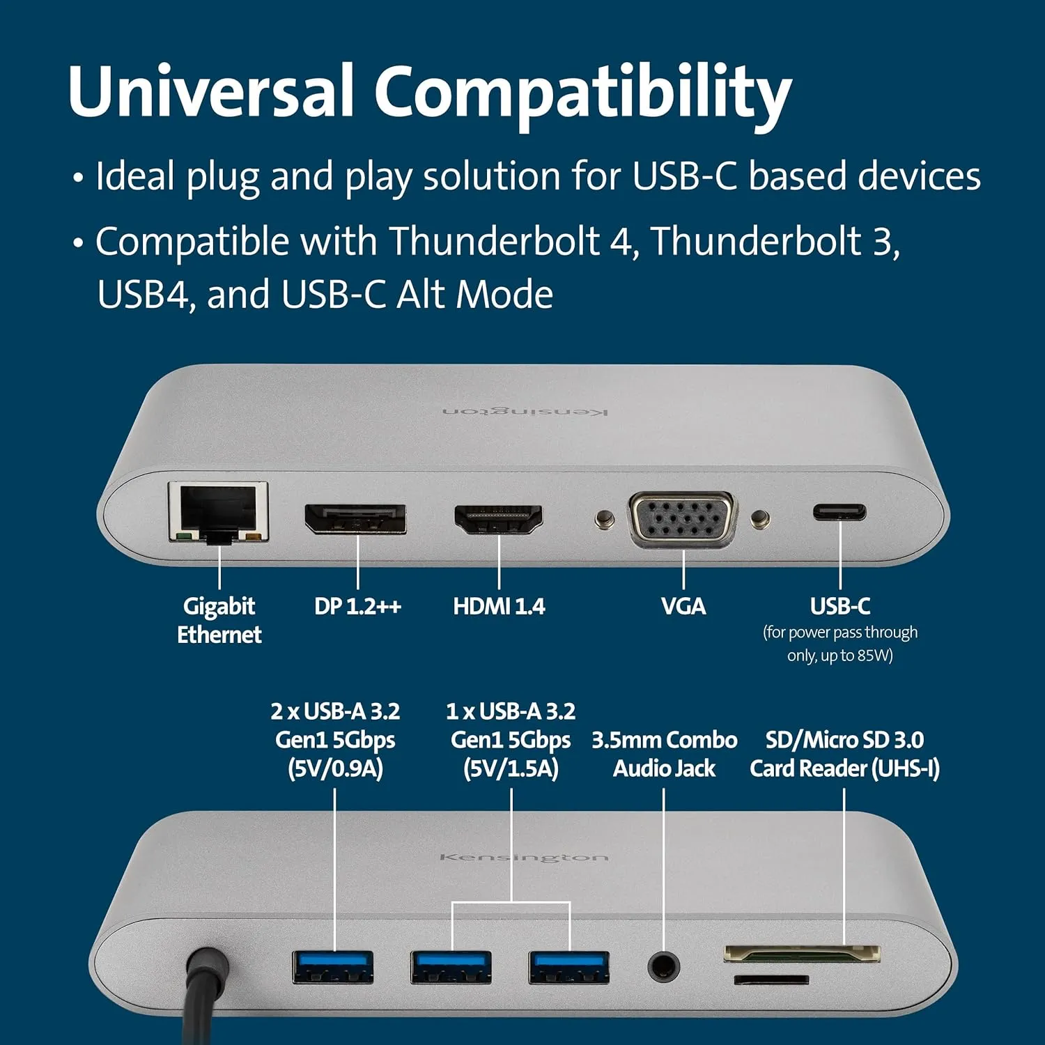Kensington UH1440P 10-in-1 Dual Monitor USB-C Hub, Laptop Docking Stations with DisplayPort/HDMI/VGA Ports, SD & Micro SD Card Readers, 85W Charging for Thunderbolt 3/4 and USB-C Devices (K33853WW)