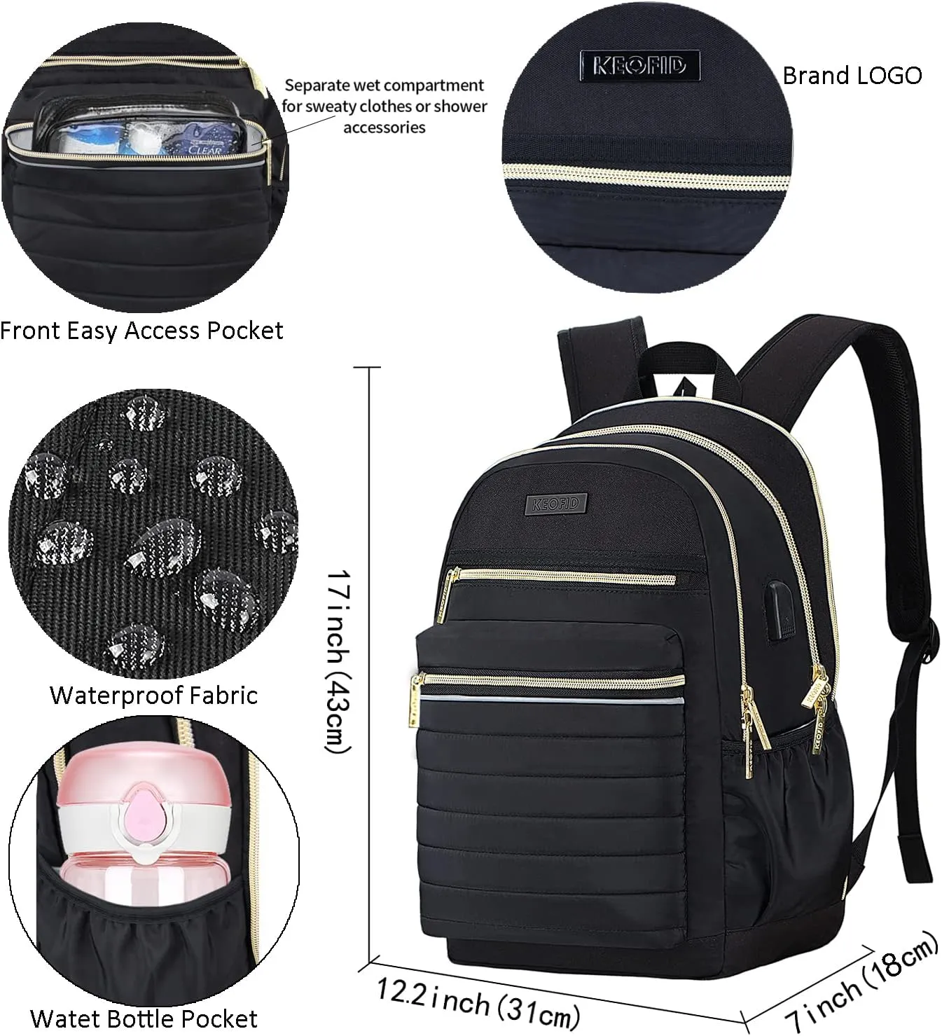 KEOFID Anti-Thief Travel Backpack for Men and Women, Backpack Purse for Women, Casual Back pack for College(Black and Gold)
