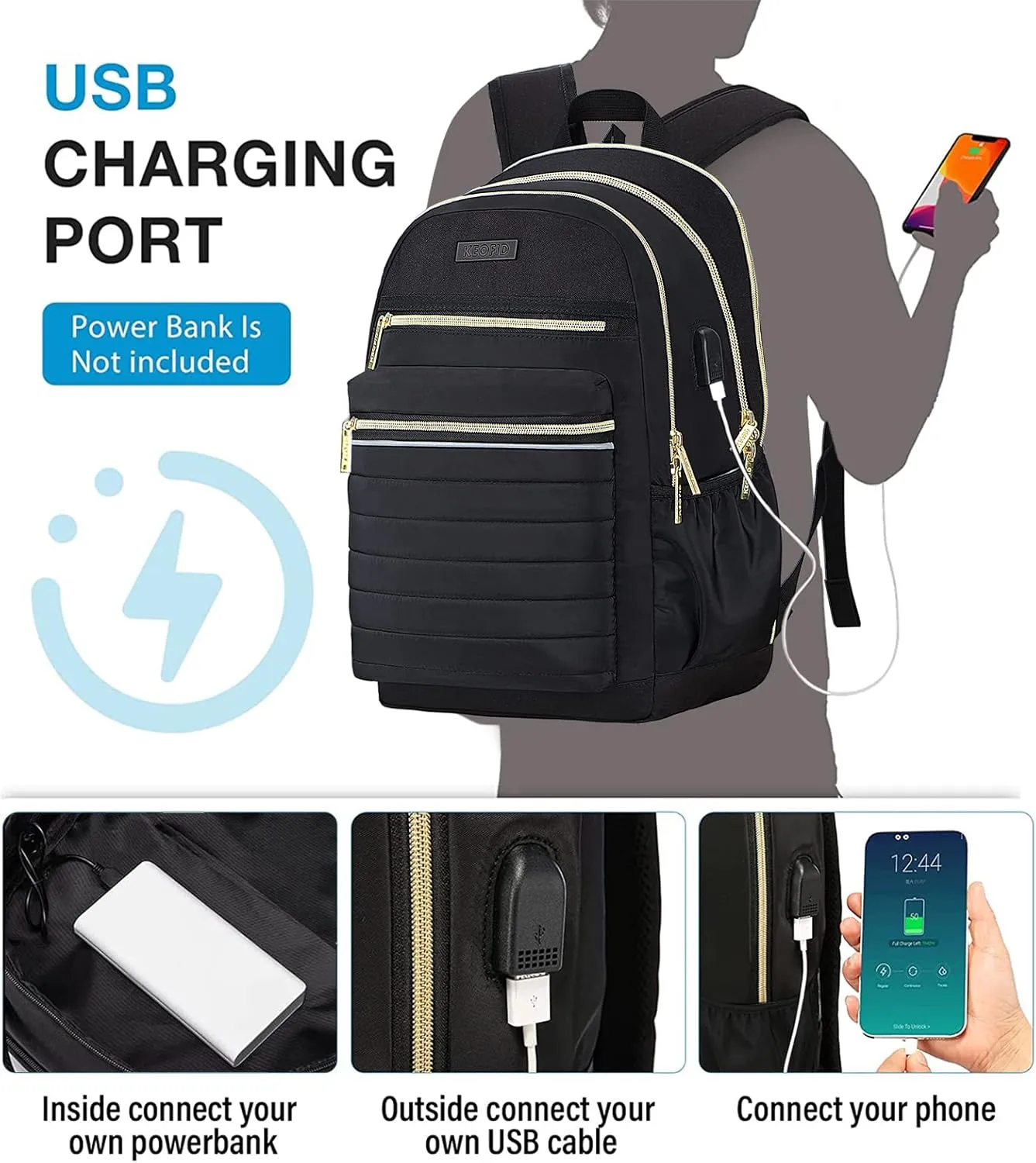 KEOFID Anti-Thief Travel Backpack for Men and Women, Backpack Purse for Women, Casual Back pack for College(Black and Gold)